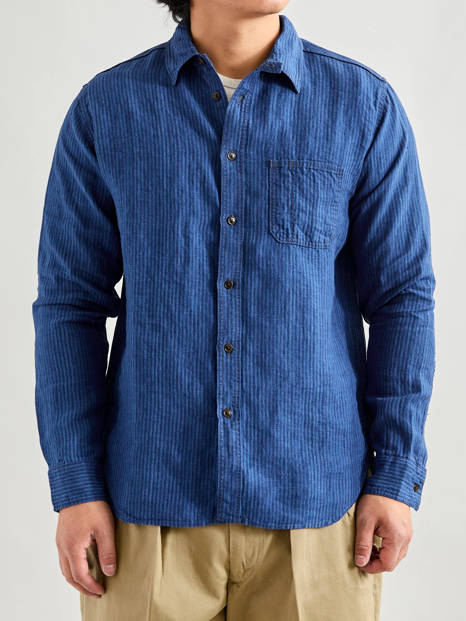 100WS Linen Workshirt in Indigo Stripe - Image 2
