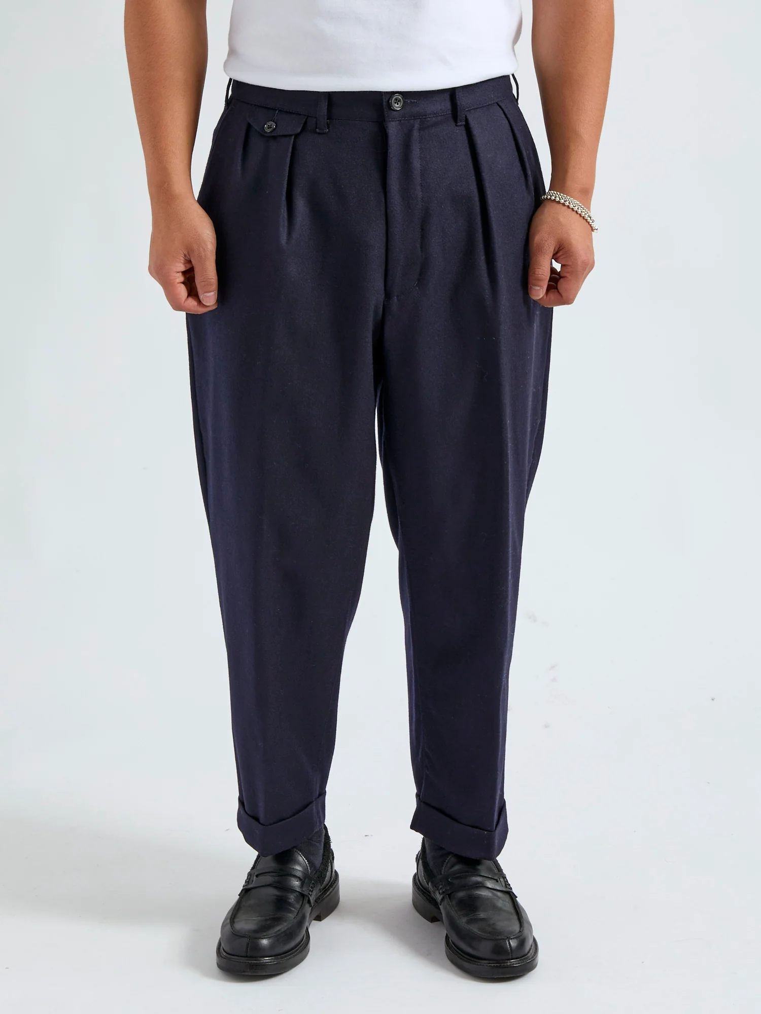 2-Pleat Flannel Trousers in Navy - Image 2