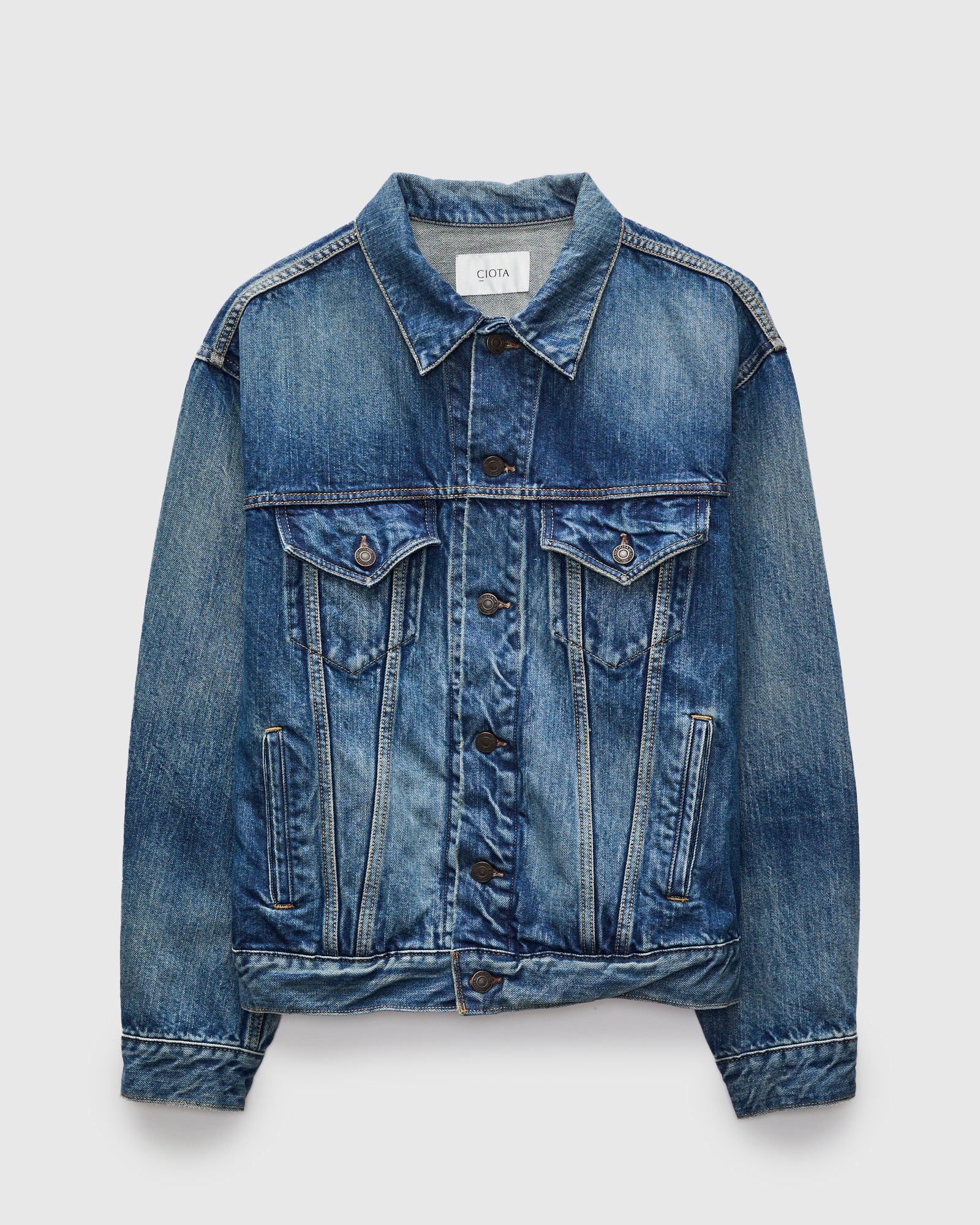 4 Pocket Denim Jacket in Medium Dark Blue Damage