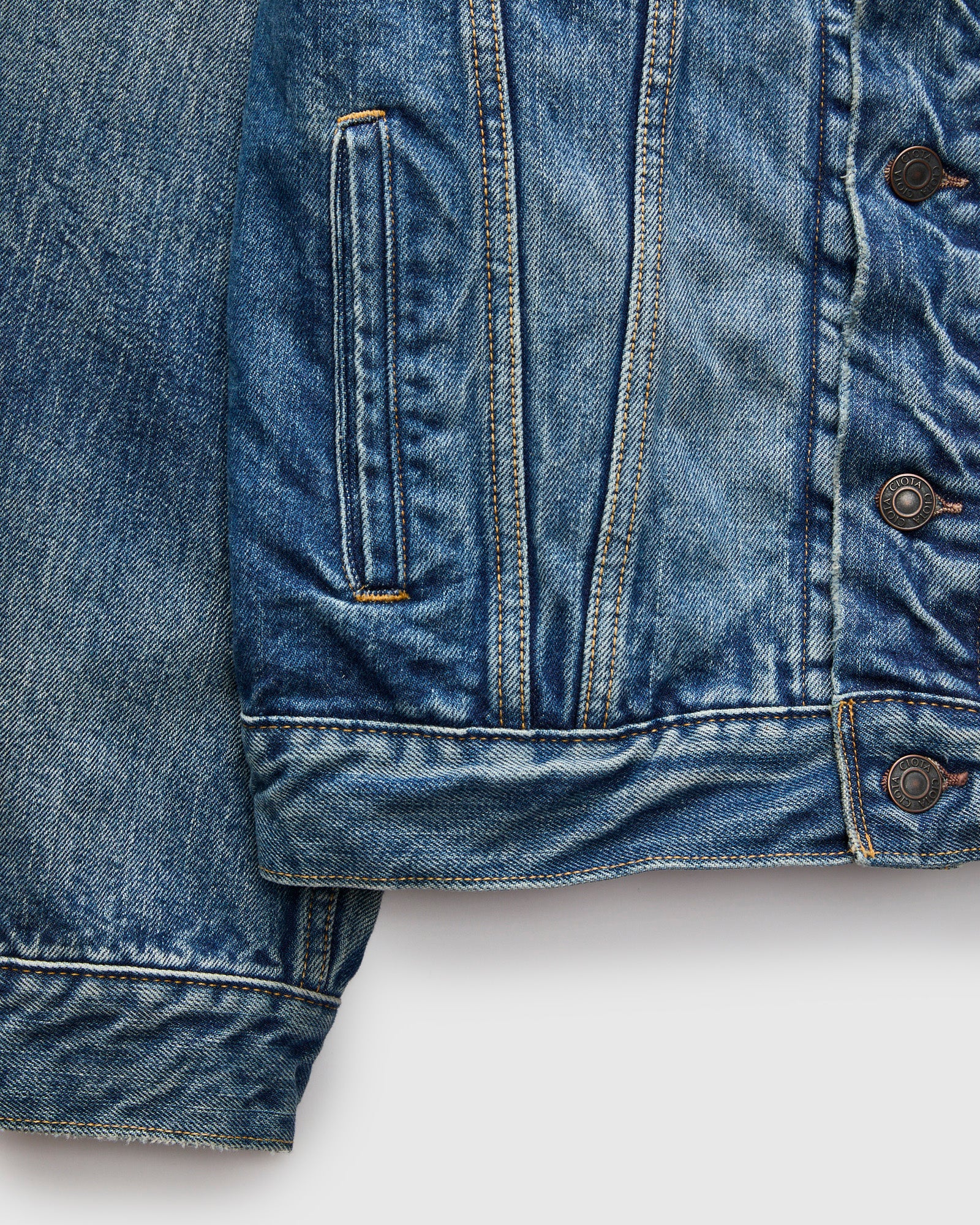4 Pocket Denim Jacket in Medium Dark Blue Damage - Image 8