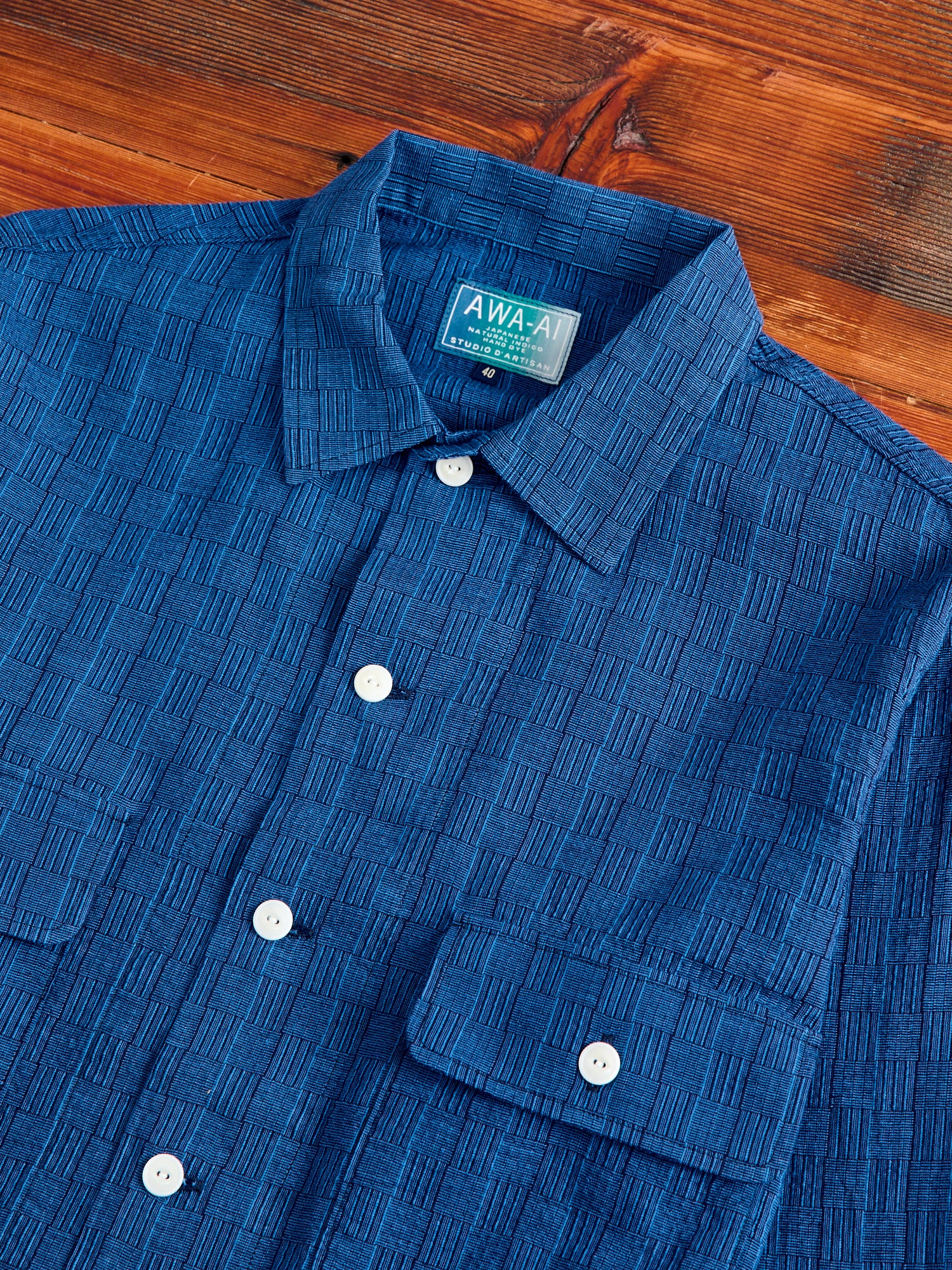 "Awa-Ai" Long Sleeve Shirt in Indigo Shijira Basketweave - Image 3