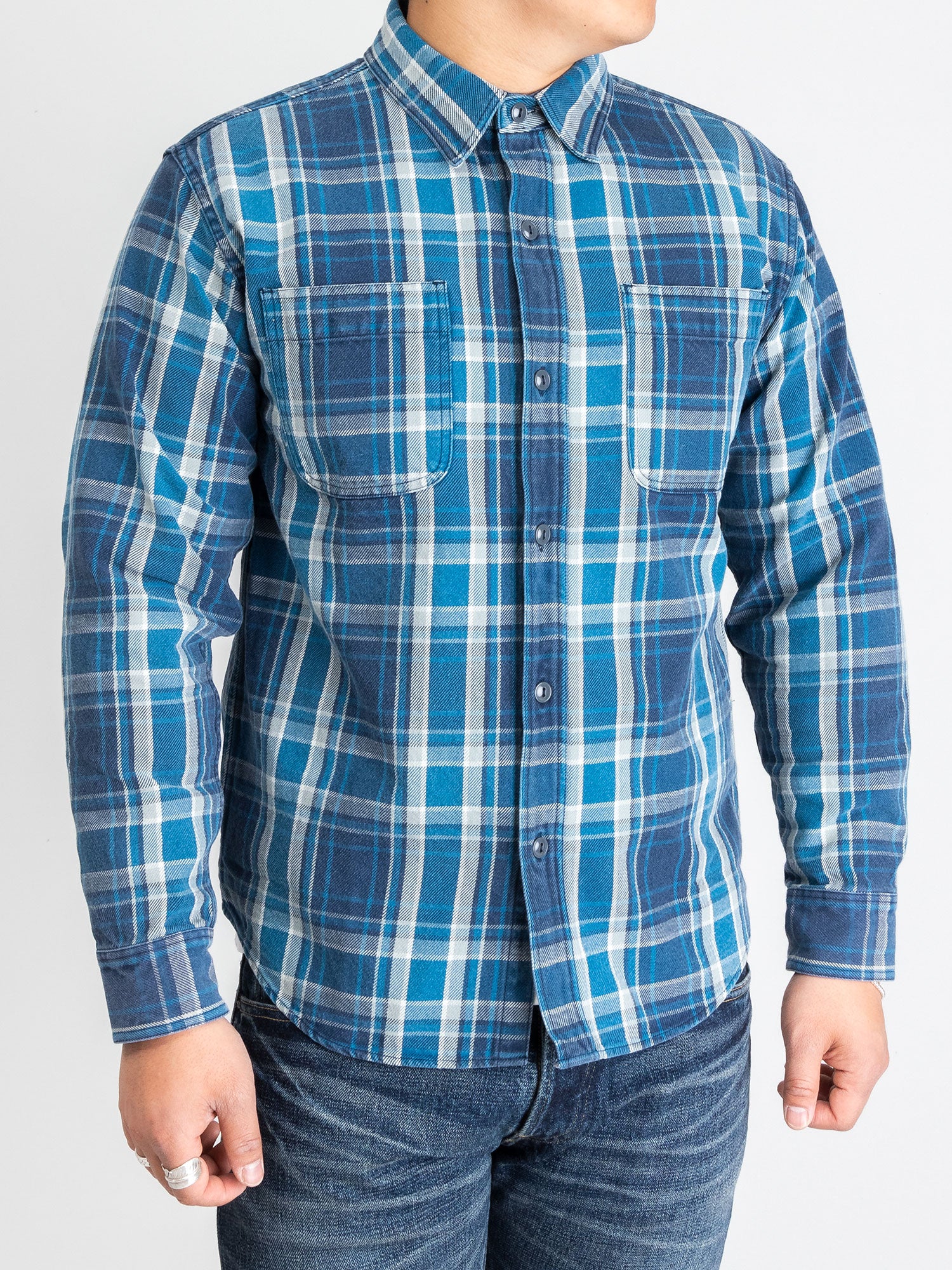 730WS Heavy Washed Flannel Shirt in Blue Check - Image 2
