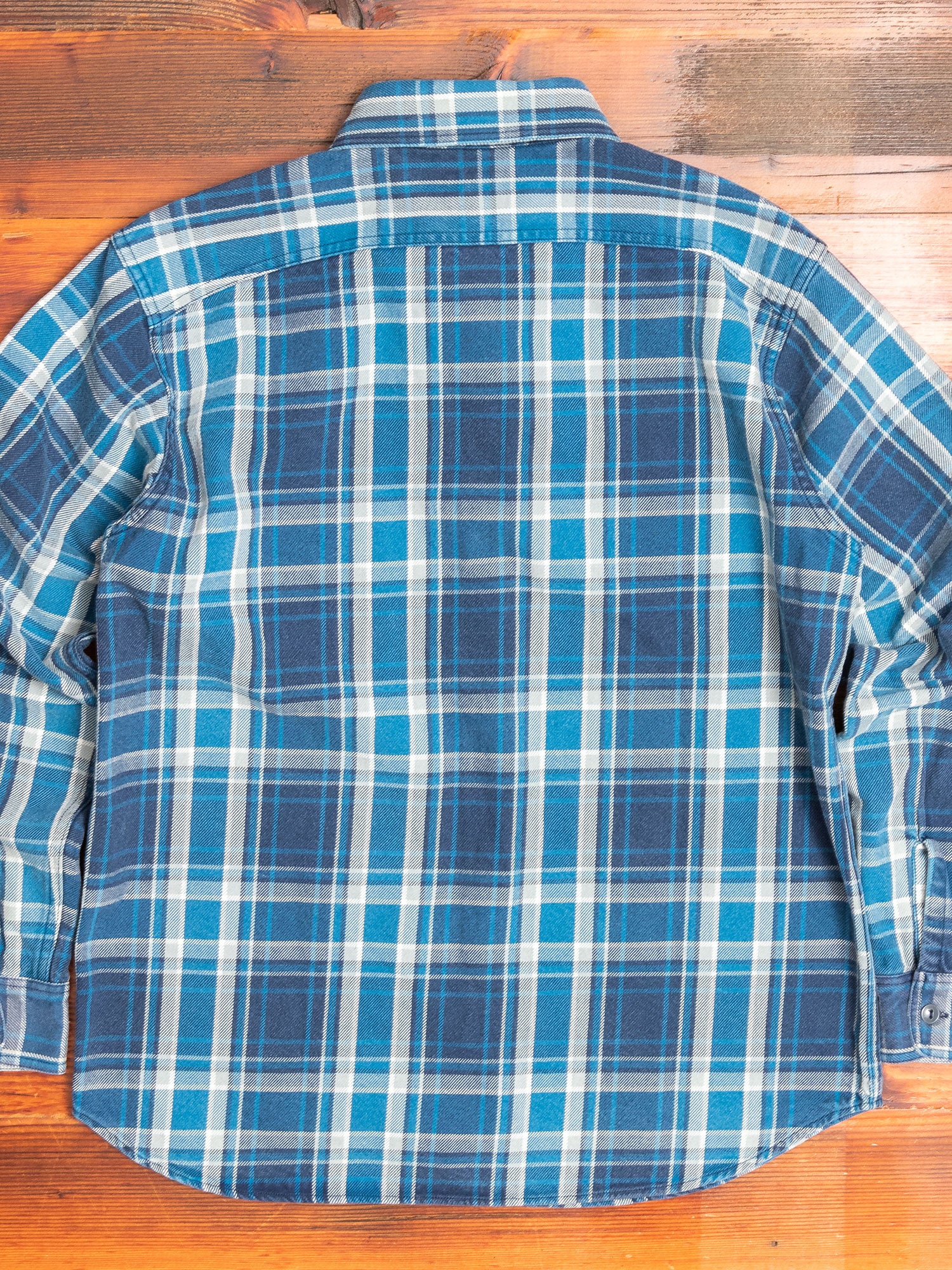 730WS Heavy Washed Flannel Shirt in Blue Check - Image 8