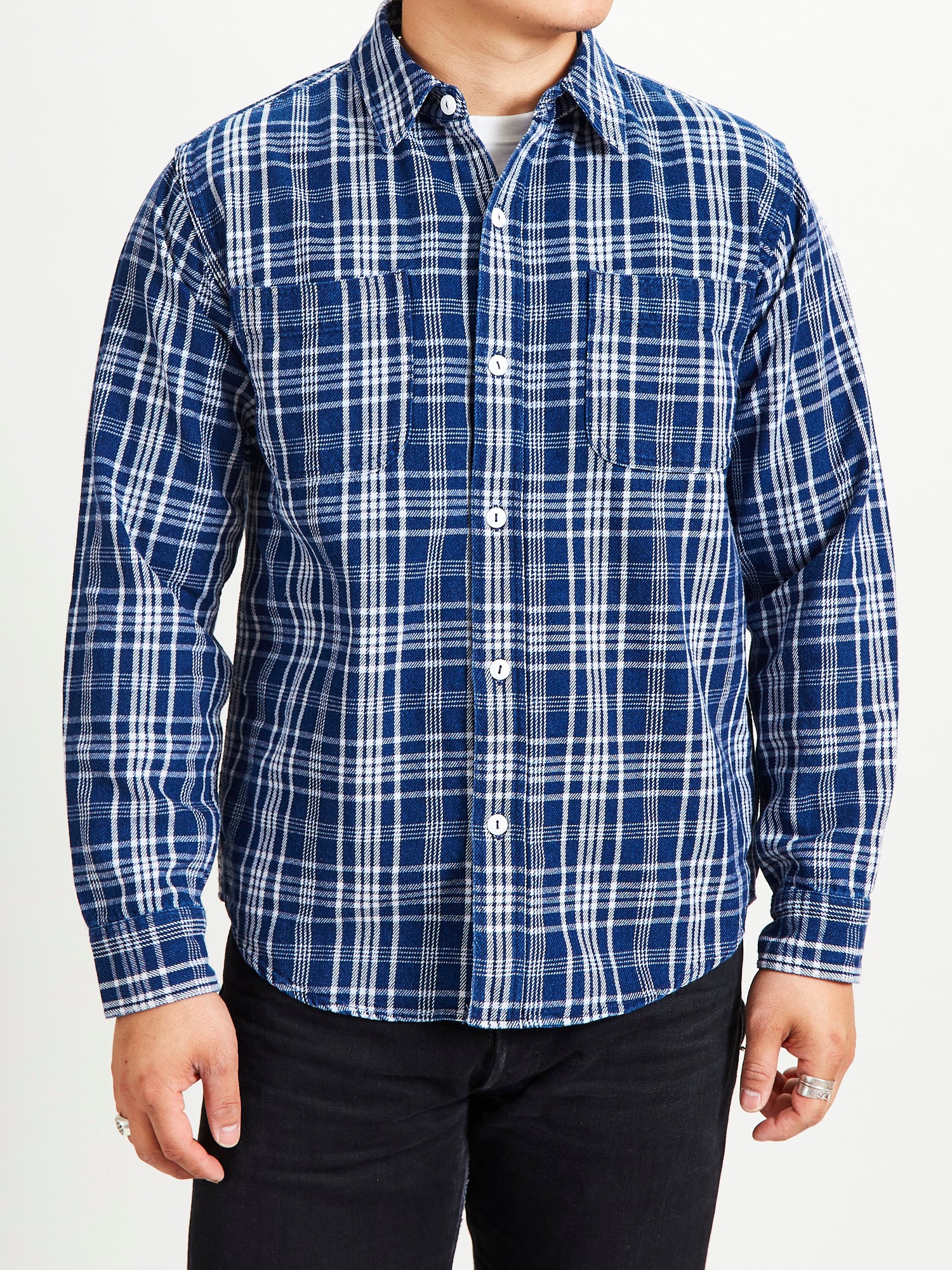 730WS Heavy Washed Flannel Shirt in Indigo Check - Image 2