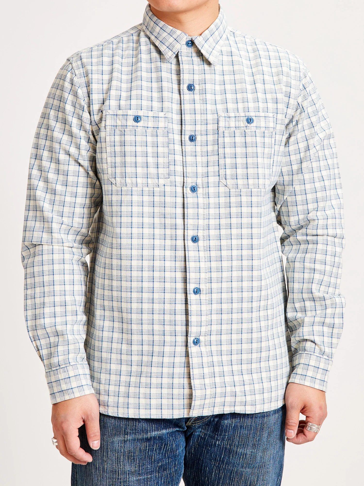 Alaska Plaid Workshirt in Cream/Blue - Image 2