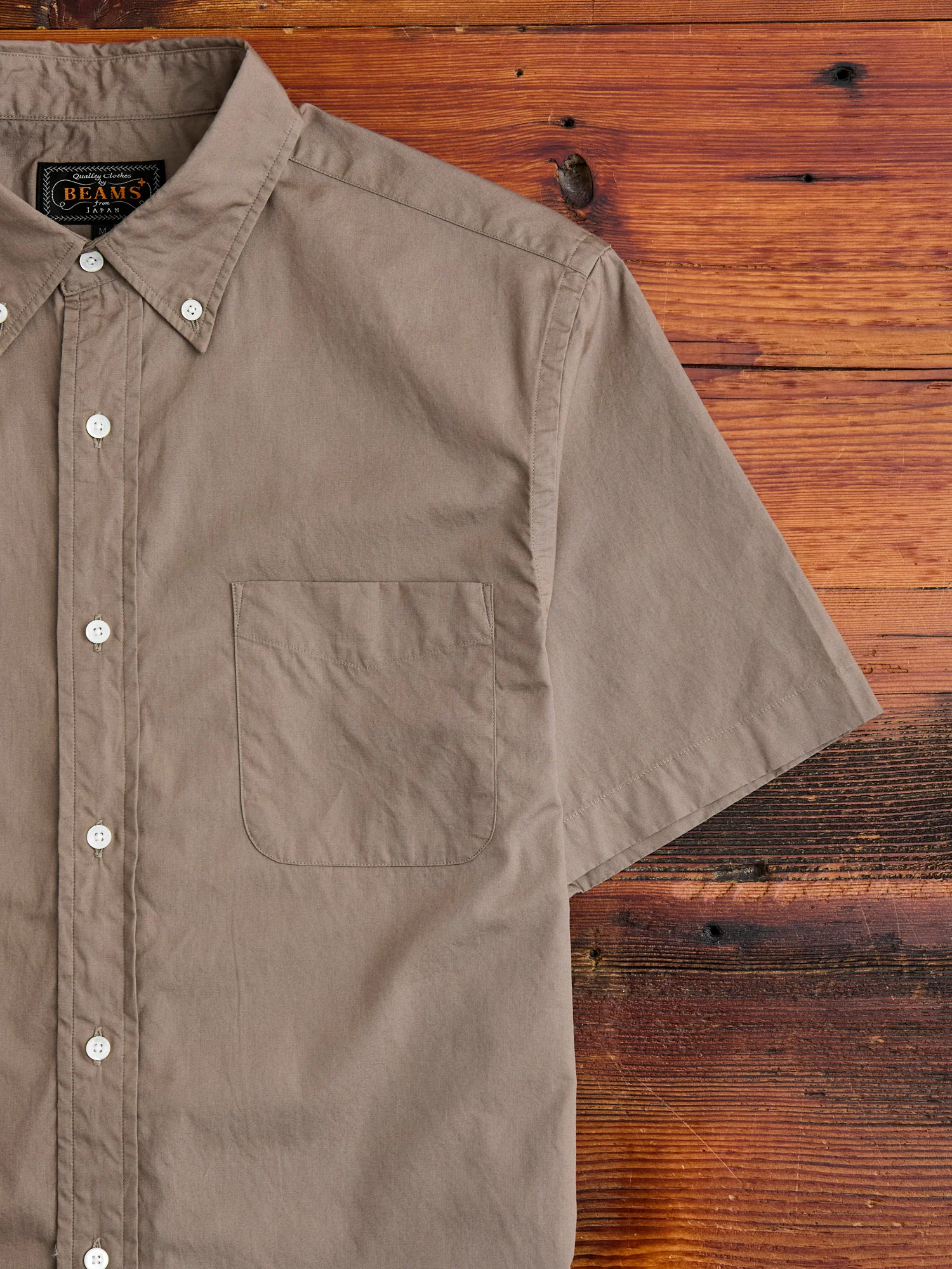Broad Cloth Short Sleeve Button-Down Shirt in Beige - Image 5