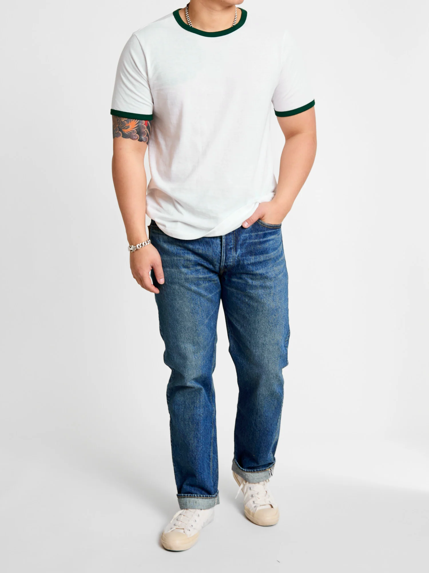 C1950s "Good Originals" 5.5oz Loopwheel T-Shirt in Green/White - Image 10