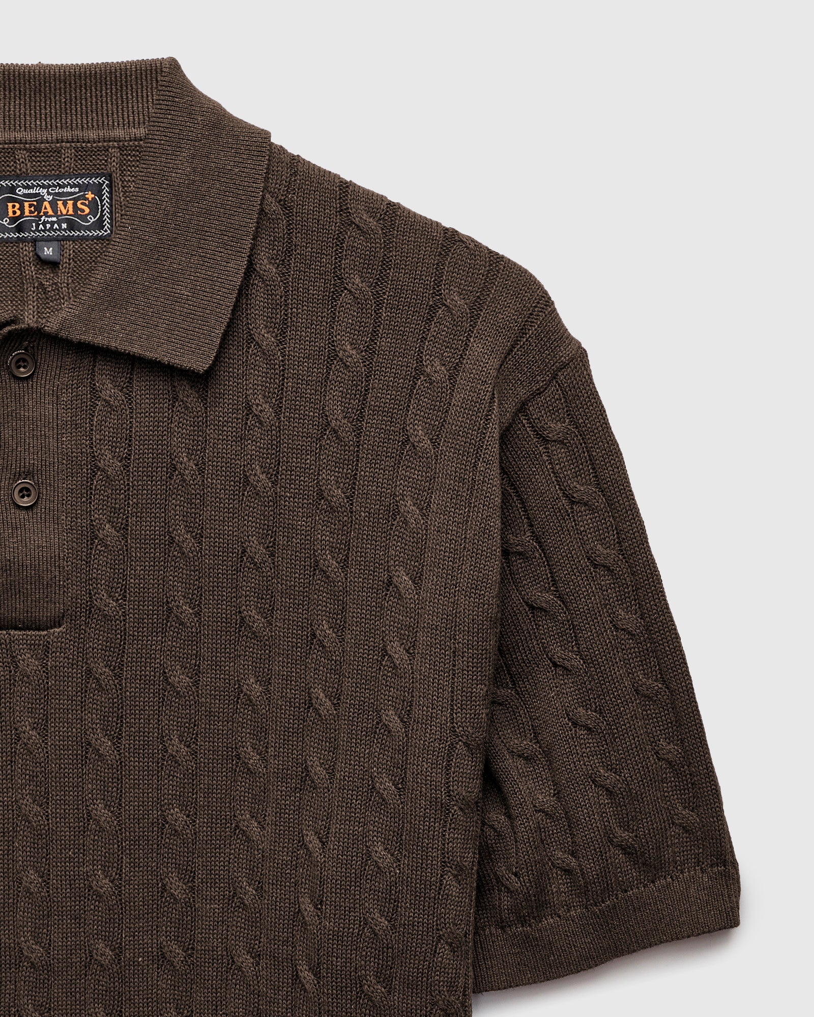 Cable Knit Polo Short Sleeve Sweater in Brown - Image 4