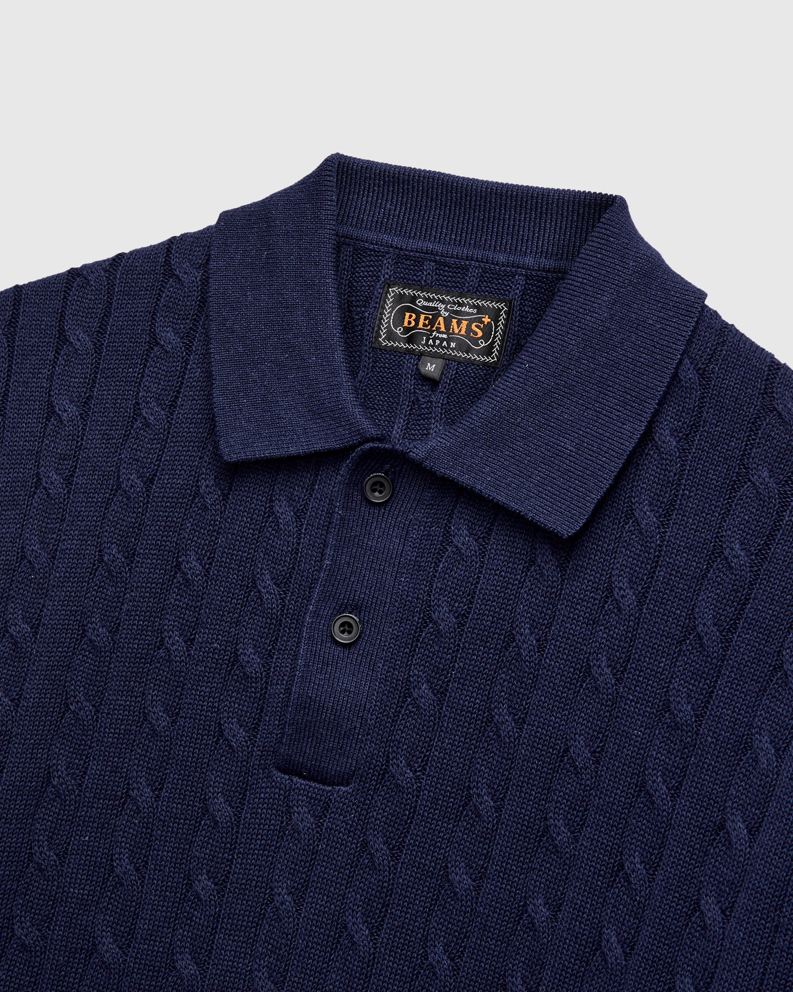 Cable Knit Polo Short Sleeve Sweater in Navy - Image 3
