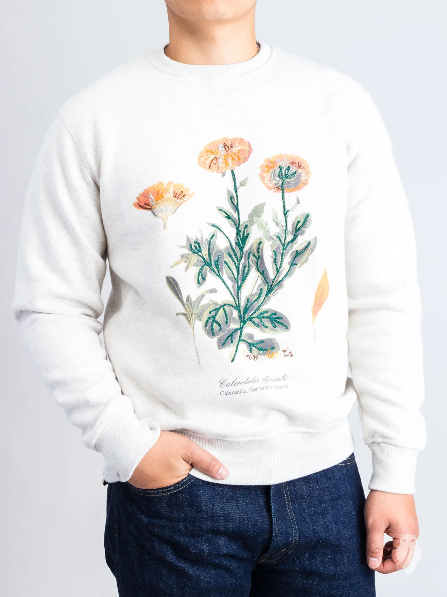 "Calendula Embroidery" Crewneck Sweater in White Melange - Image 2