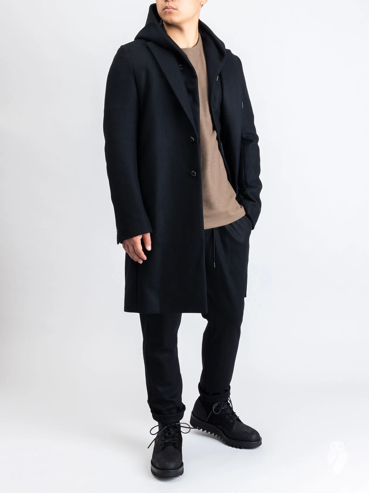 Cashmere Melton Hooded Chesterfield Coat in Black - Image 11