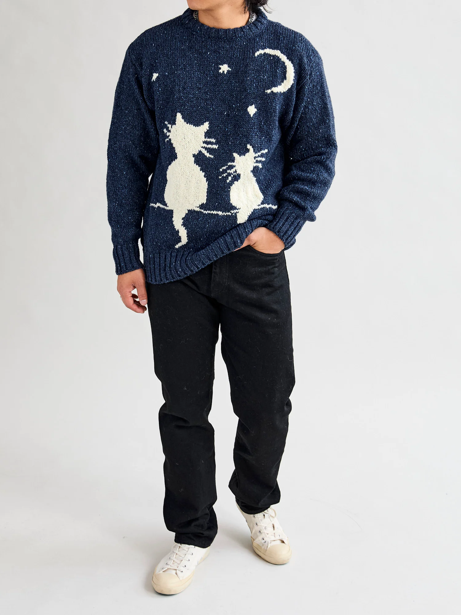 "Cats in Space" Wool Sweater in Blue - Image 9