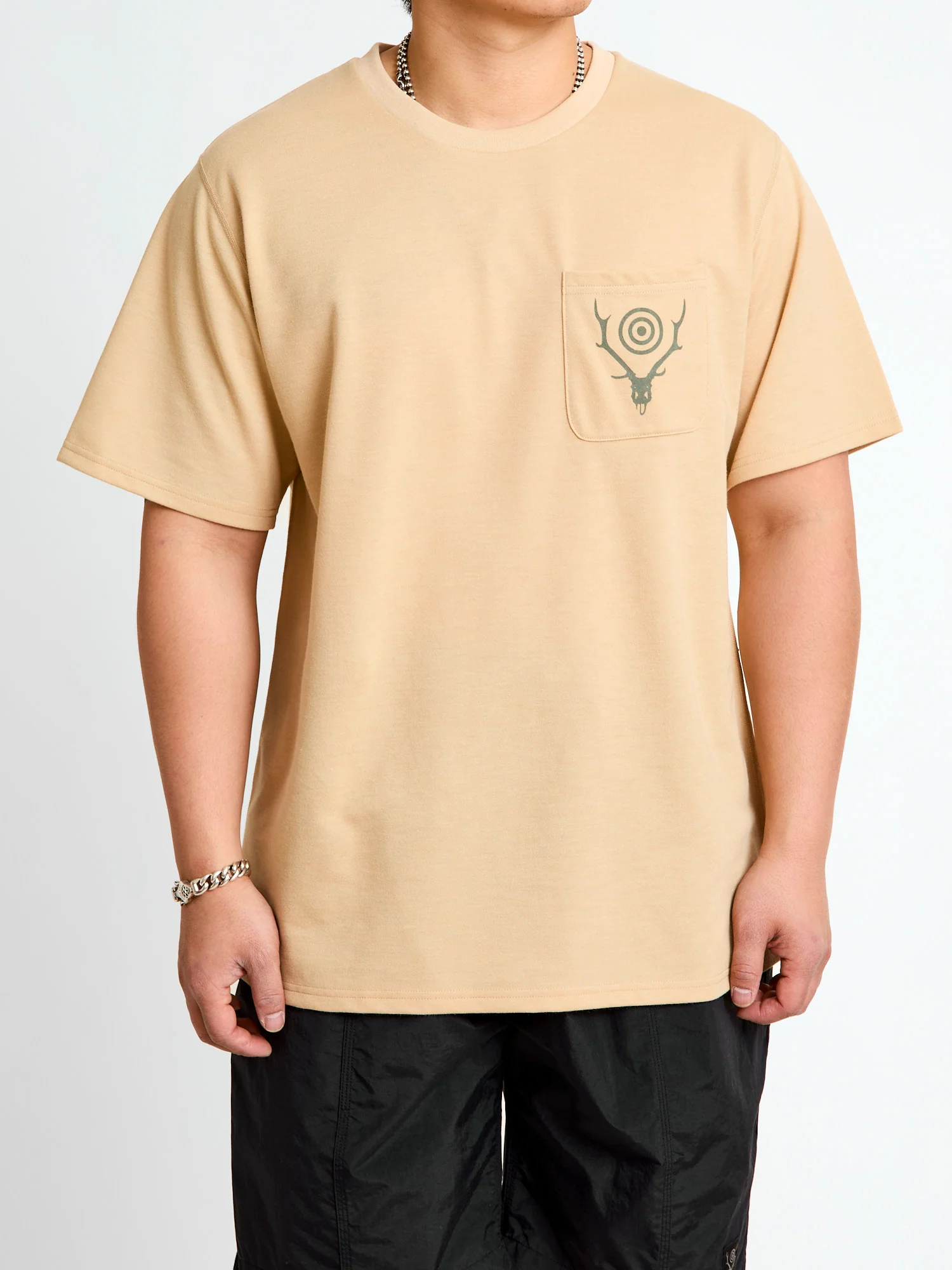 Circle Horn Round Pocket T-Shirt in Beige - Image 3