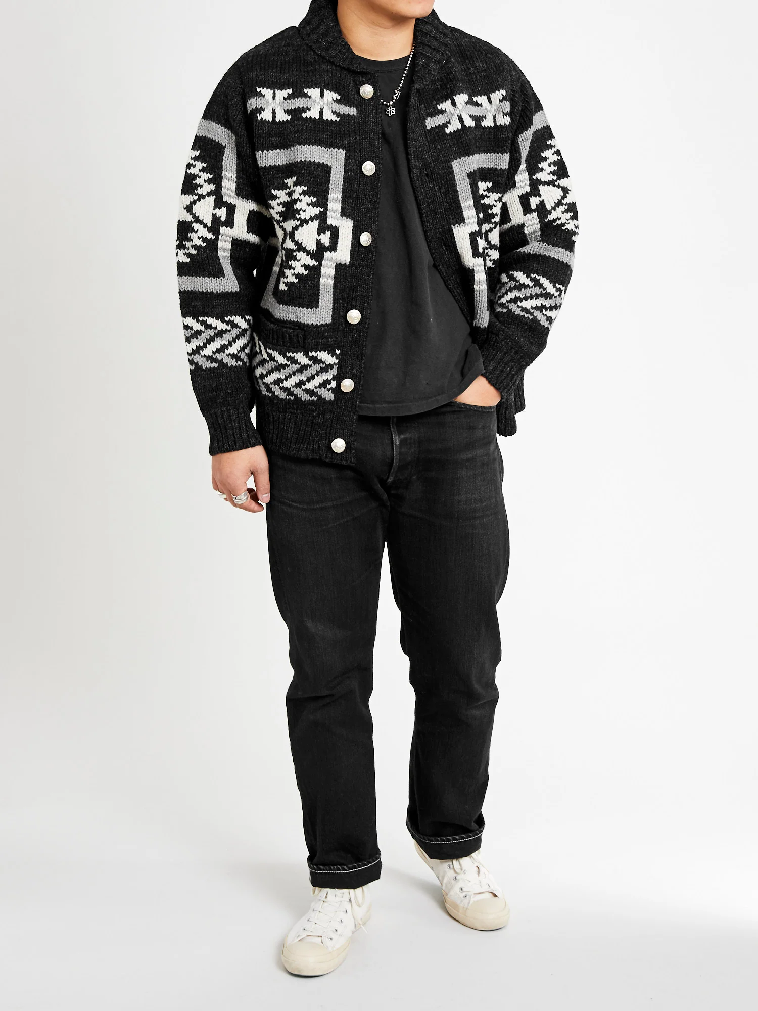 Cowichan Knit Cardigan Sweater in Black - Image 11