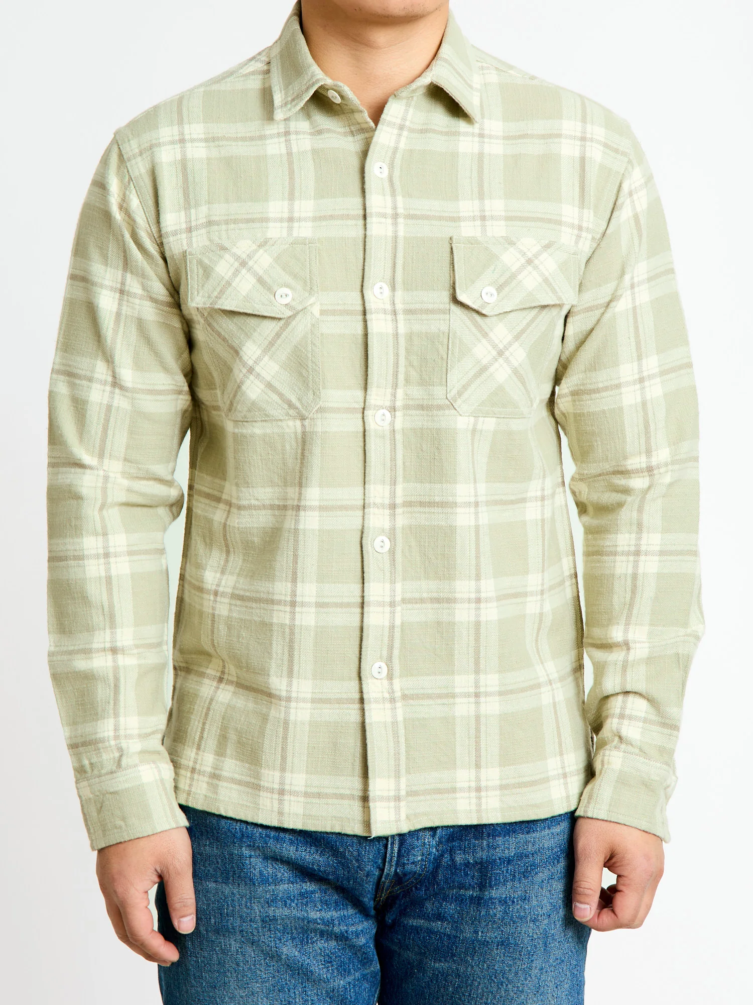 Crosscut Flannel in Seafoam Slub Check - Image 2