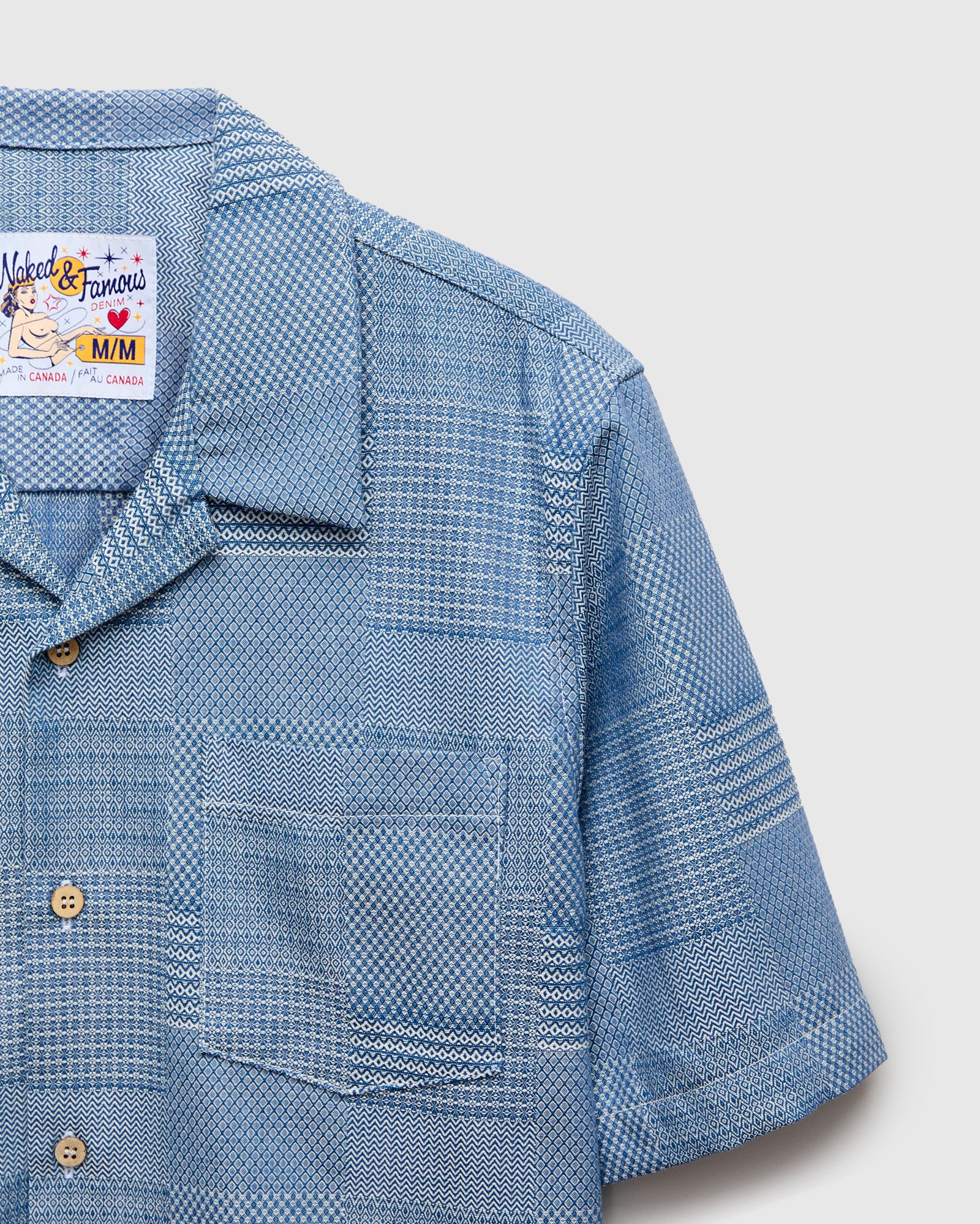 "Dobby Patchwork" Aloha Shirt in Pale Indigo - Image 3