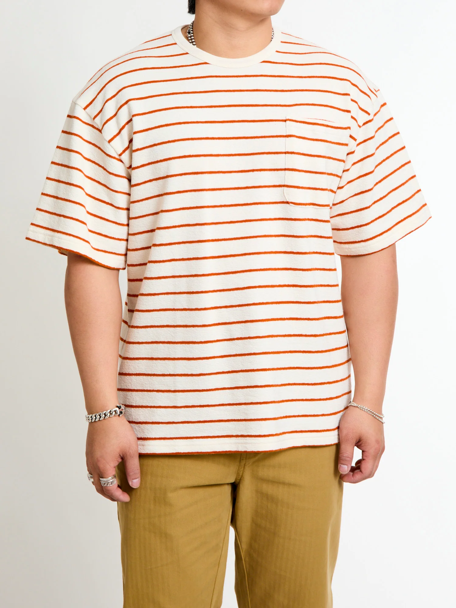 Fly Tee in Ecru Tangerine Stripe - Image 2