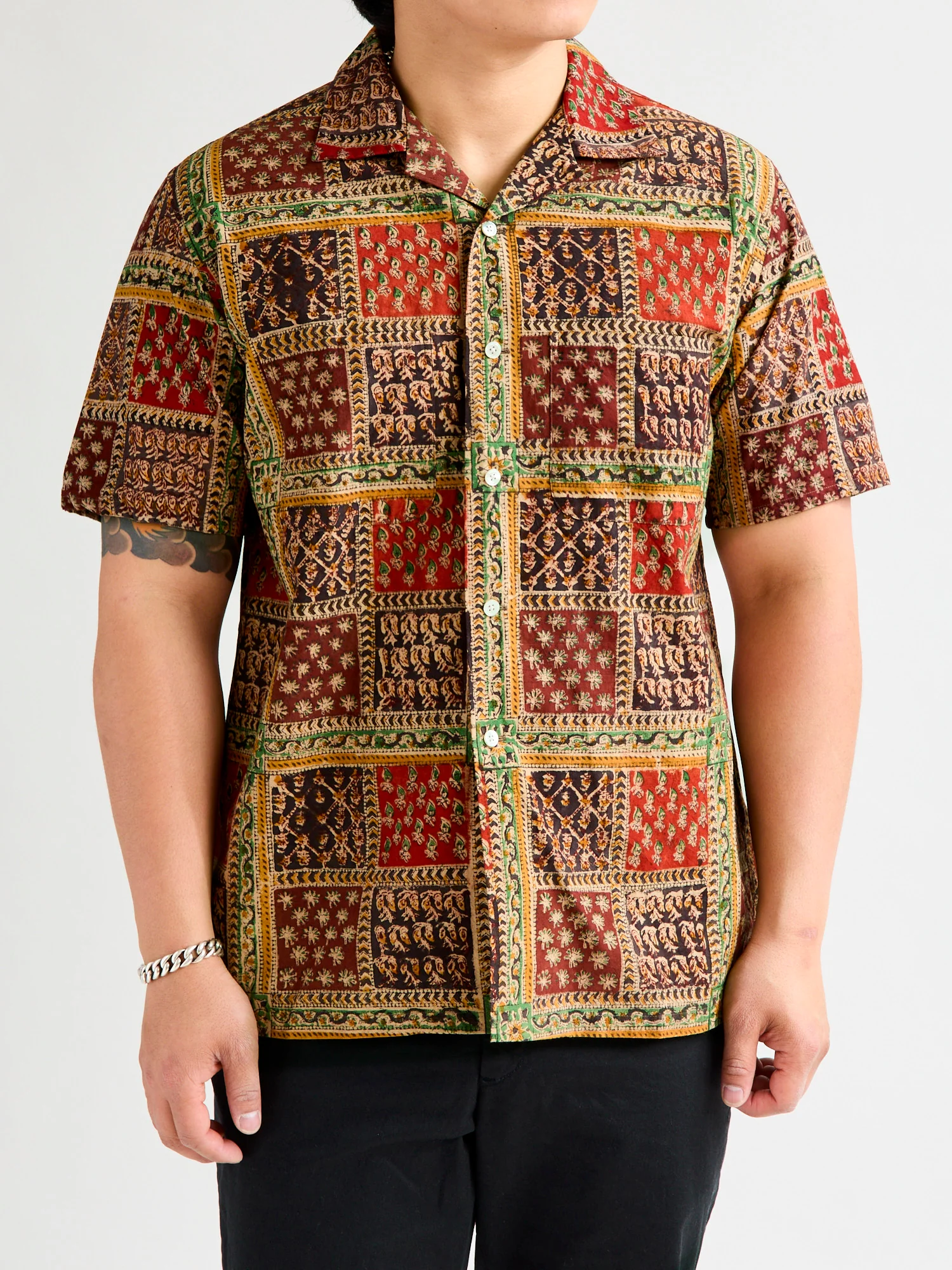 Indian Block Print Open Collar Shirt in Plant - Image 2