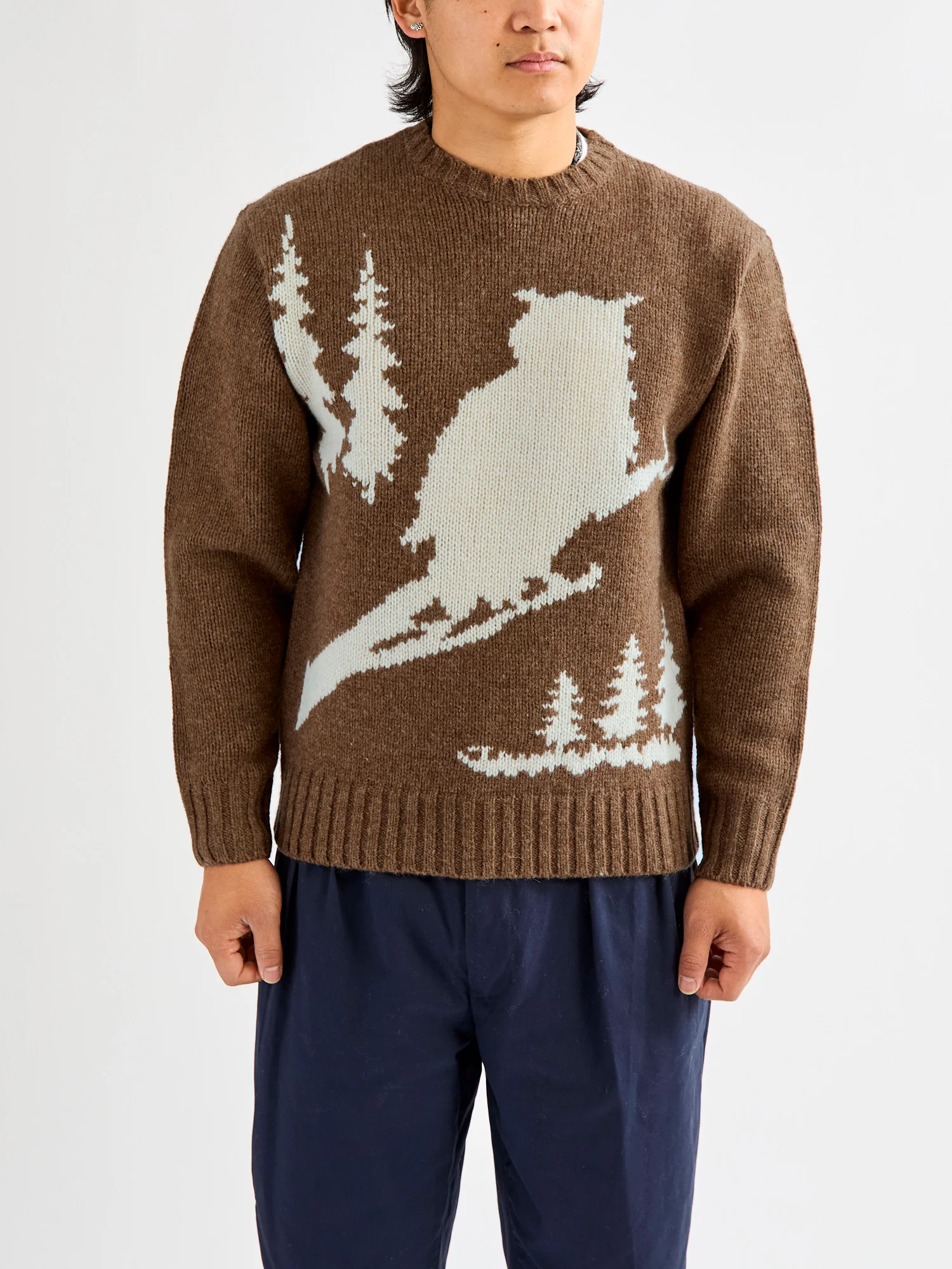 Intarsia 3-Gauge Crewneck Sweater in Brown - Image 2