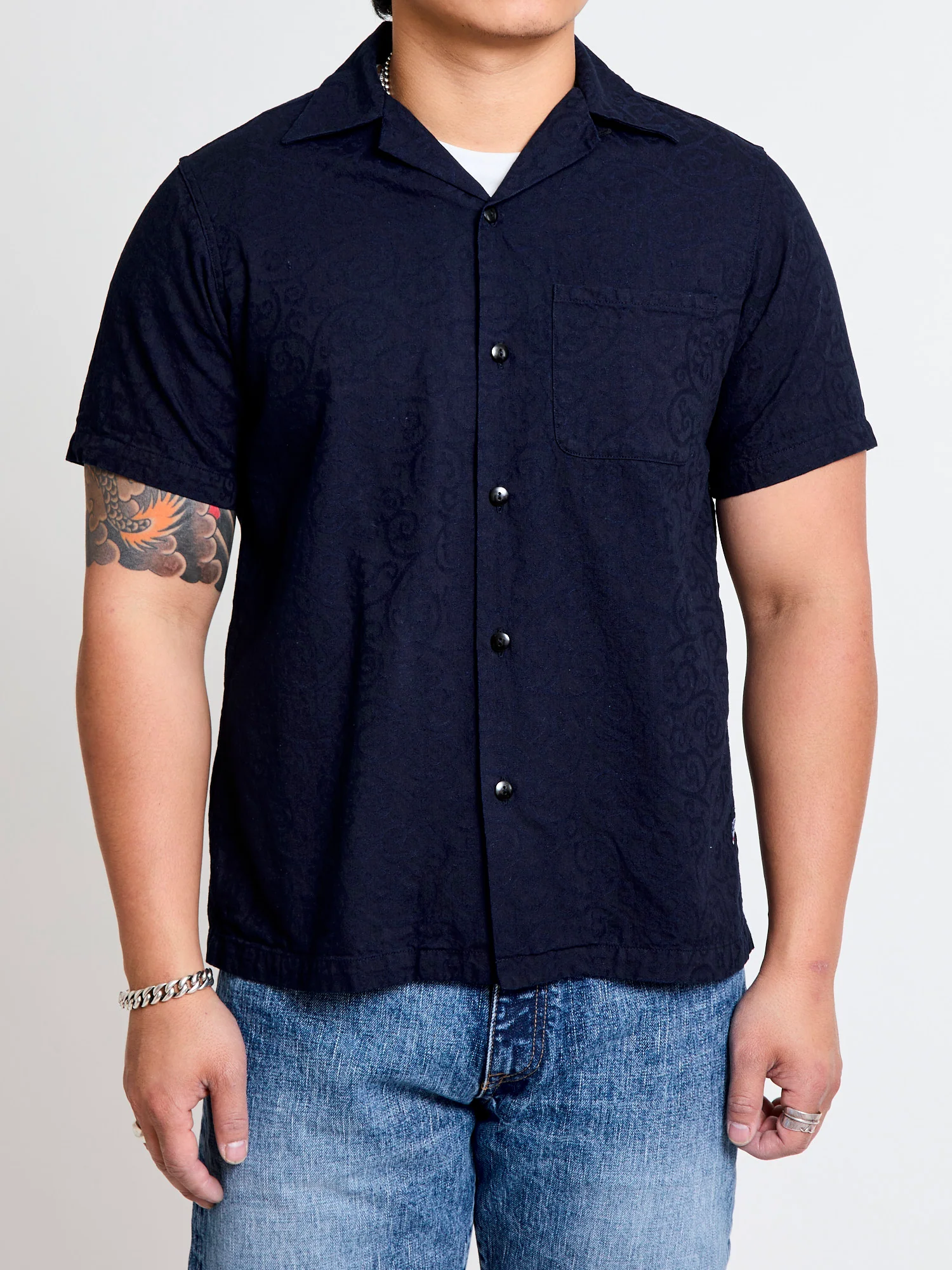 Jacquard Open Collar Shirt in Indigo Arabesque - Image 2