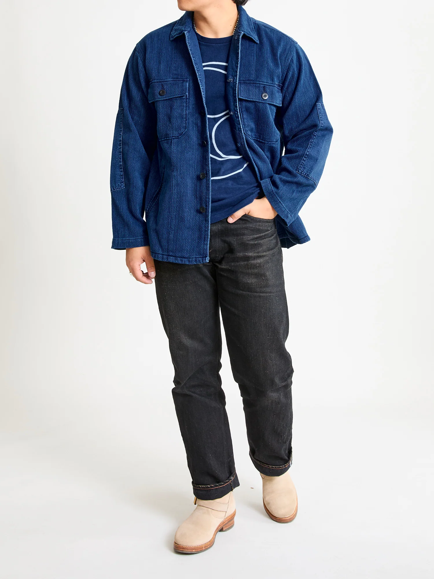 "Kasezome" Sashiko Utility Shirt in Indigo - Image 13