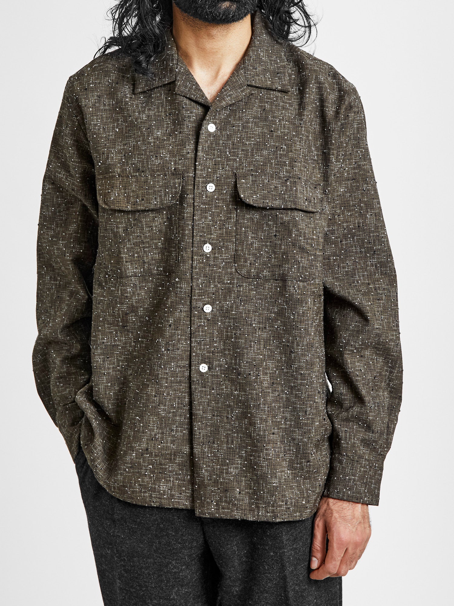Kasuri Nep Open Collar Shirt in Olive - Image 2