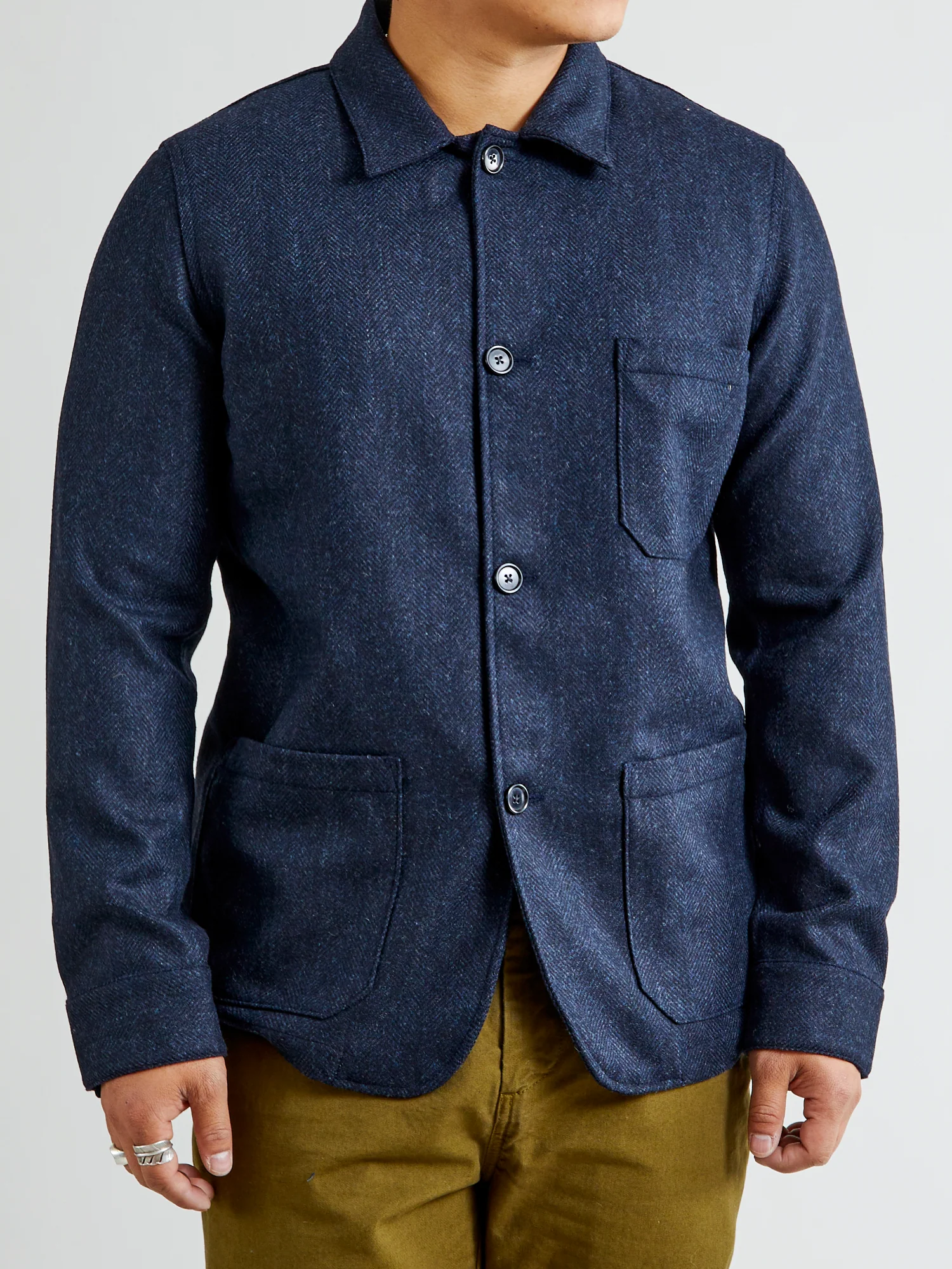 Labura Herringbone Wool Chore Coat in Navy - Image 2