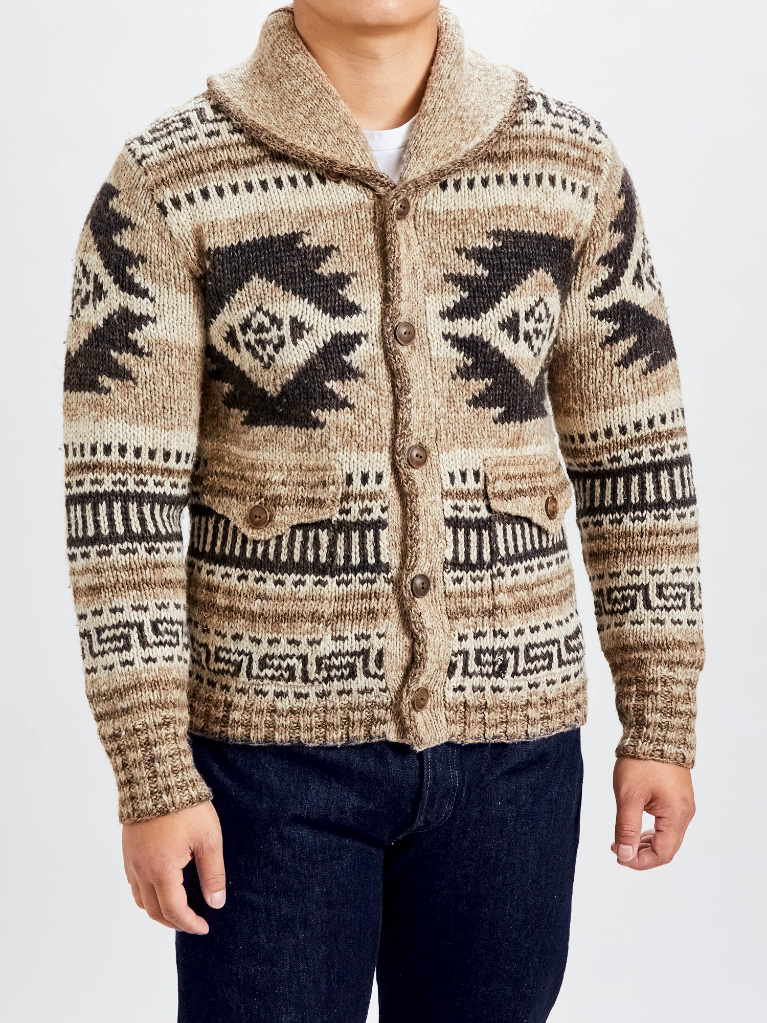 Linen-Silk Shawl Collar Cardigan in Brown Tan Multi - Image 4