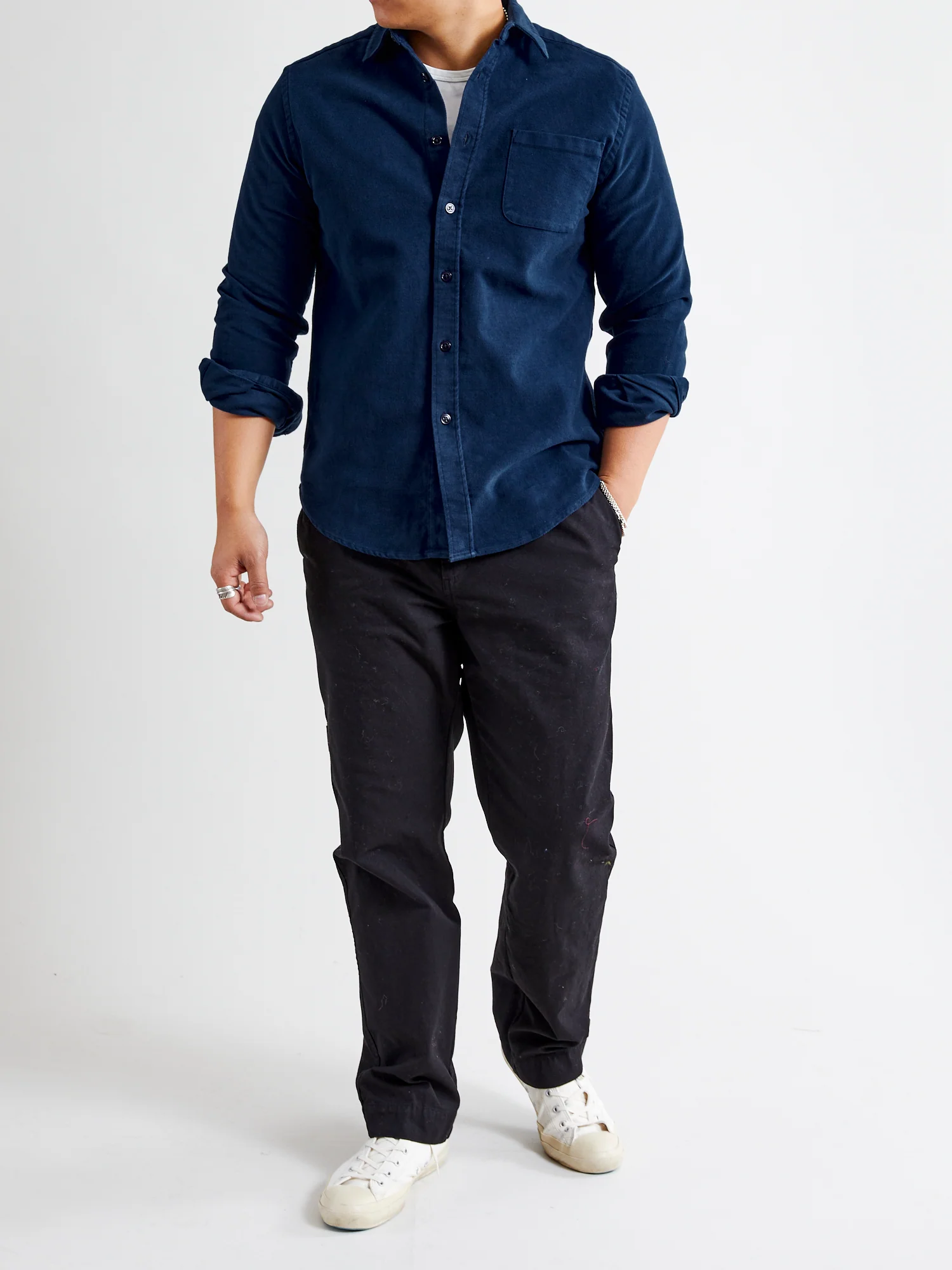 Moleskin Button-Up Shirt in Navy - Image 9