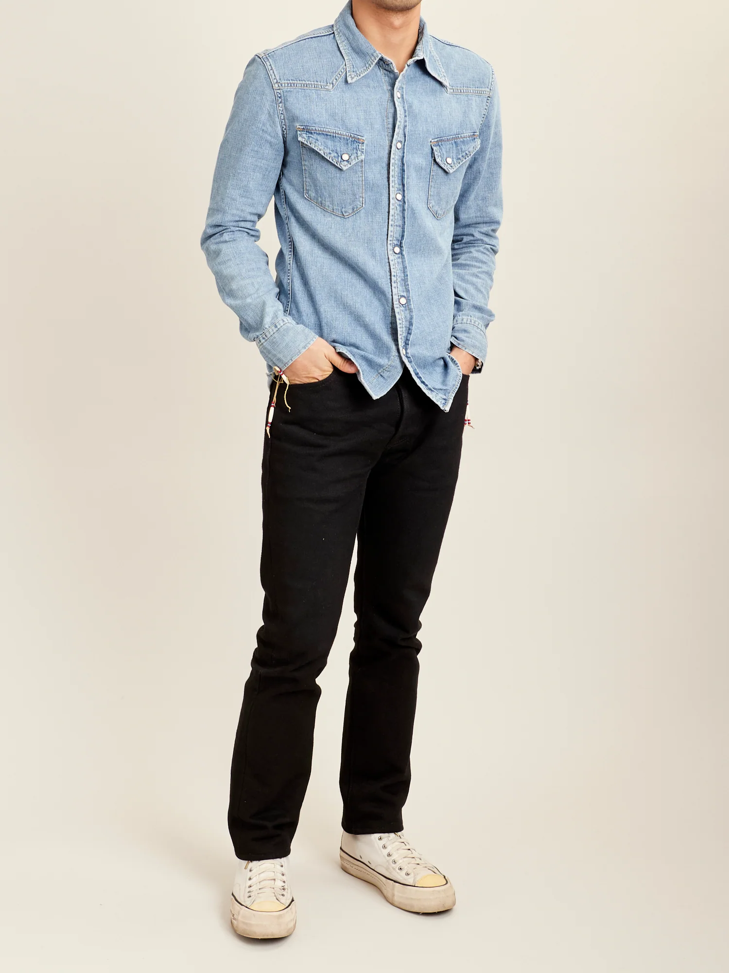Natural Finish Denim Western Shirt in Distressed Indigo - Image 10