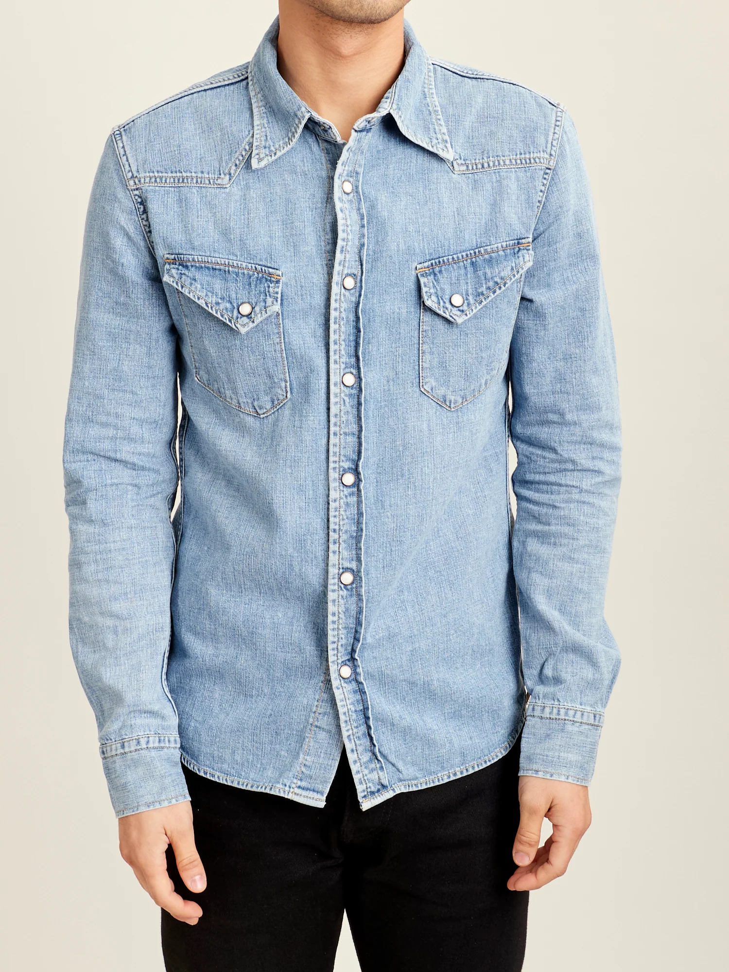 Natural Finish Denim Western Shirt in Distressed Indigo - Image 2