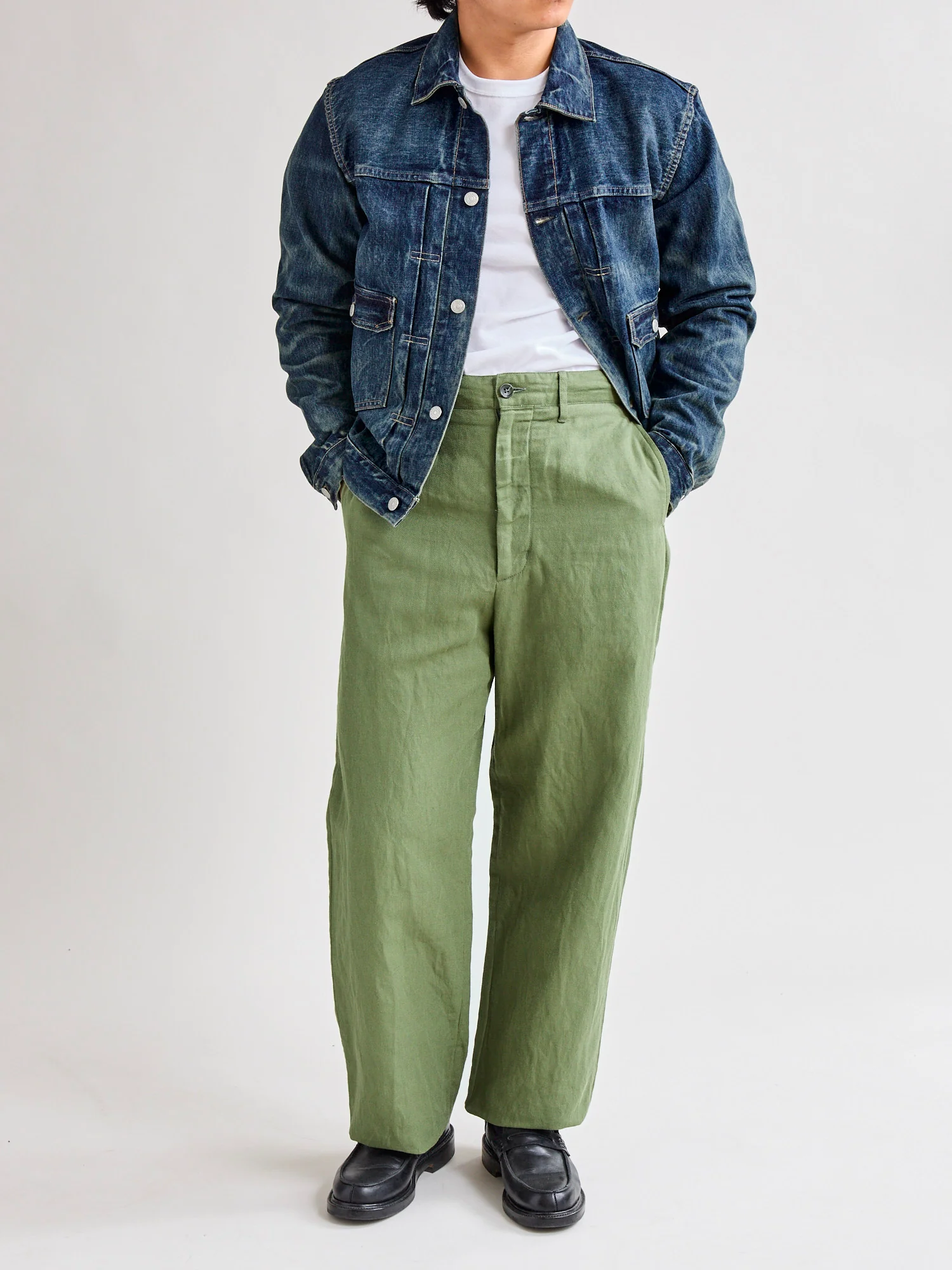 Officer Pants in Olive Cotton Hemp Satin - Image 13