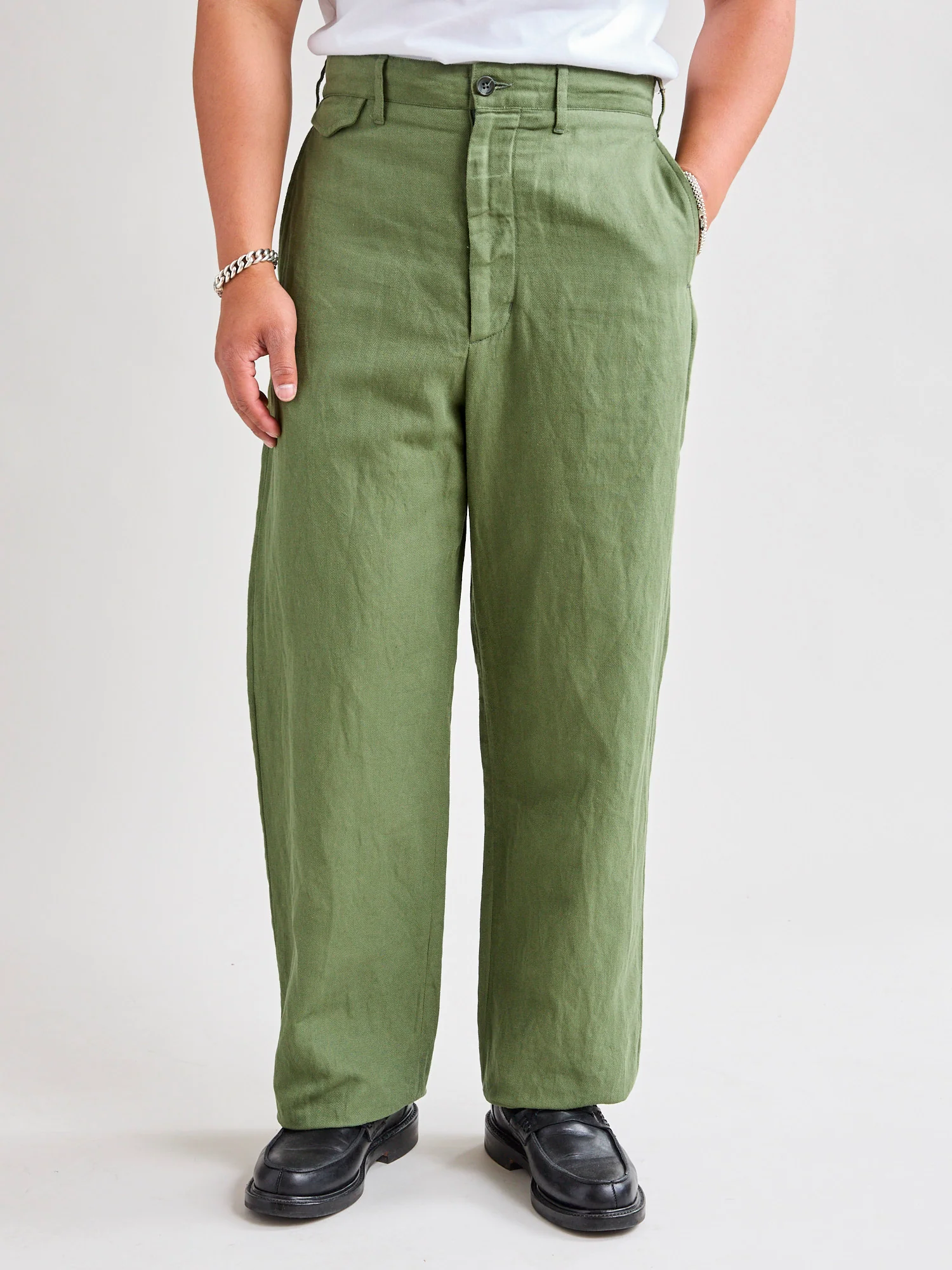 Officer Pants in Olive Cotton Hemp Satin - Image 2