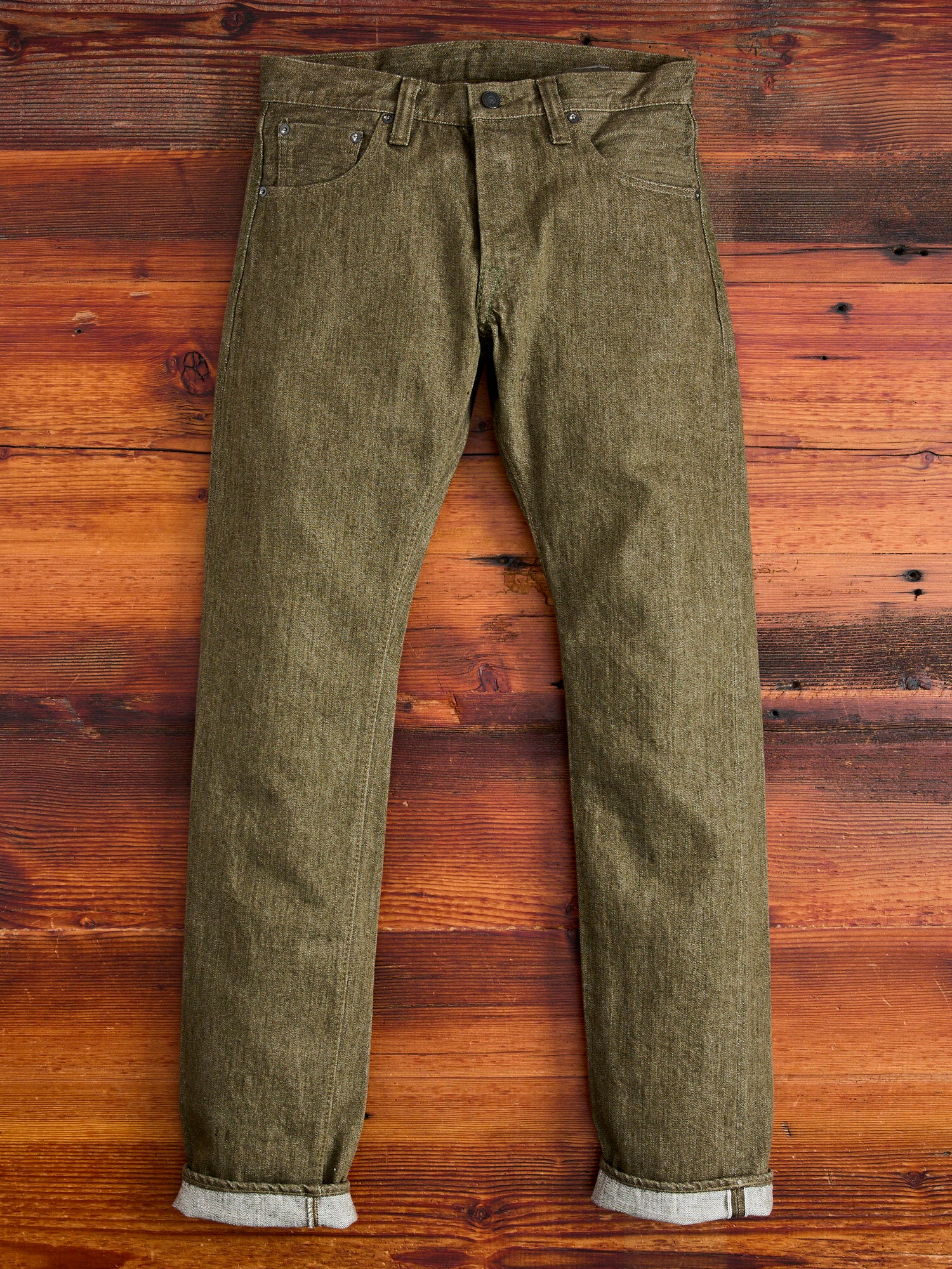 OL-14oz-005 14oz Rinsed Olive Selvedge Denim - Slim Straight Fit - Image 2