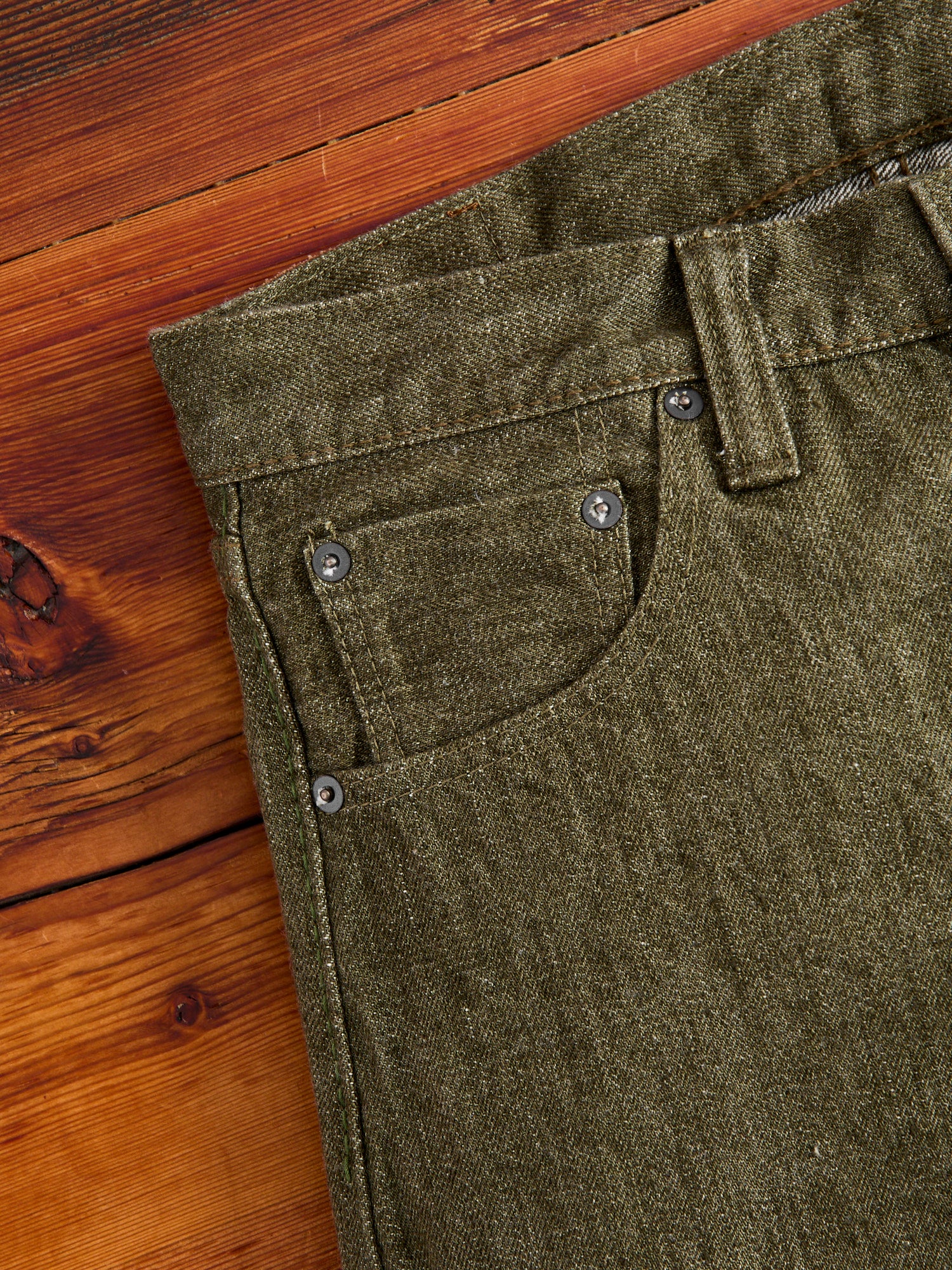 OL-14oz-005 14oz Rinsed Olive Selvedge Denim - Slim Straight Fit - Image 7