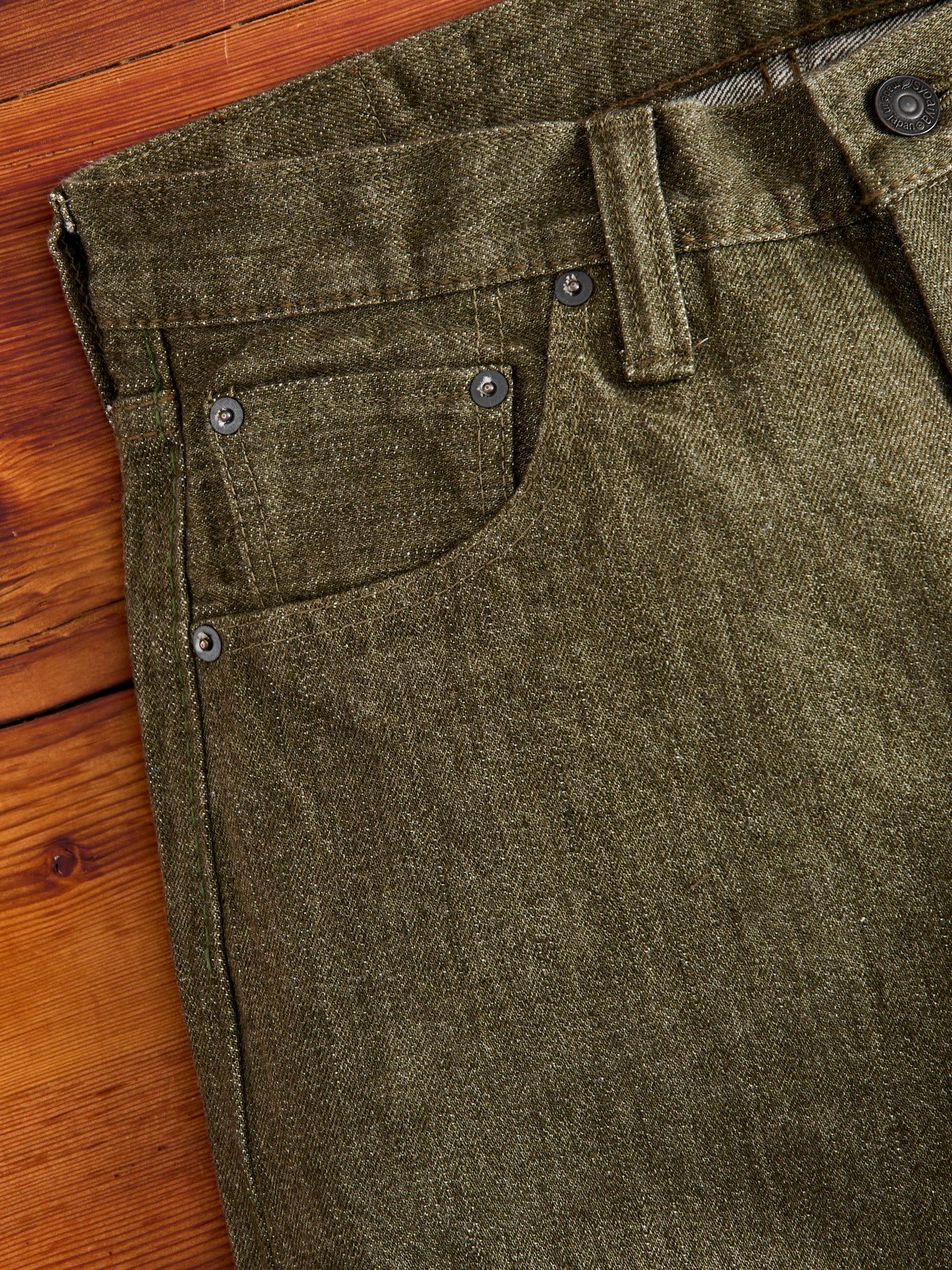 OL-14oz-019 14oz Rinsed Olive Selvedge Denim - Relaxed Tapered Fit - Image 7