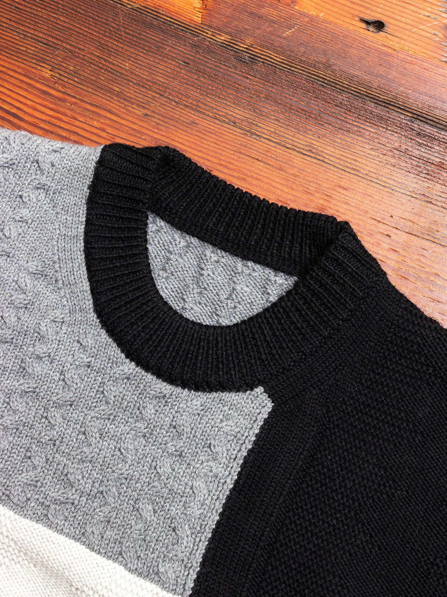 Patchwork Knit Crewneck Sweater in Black - Image 2