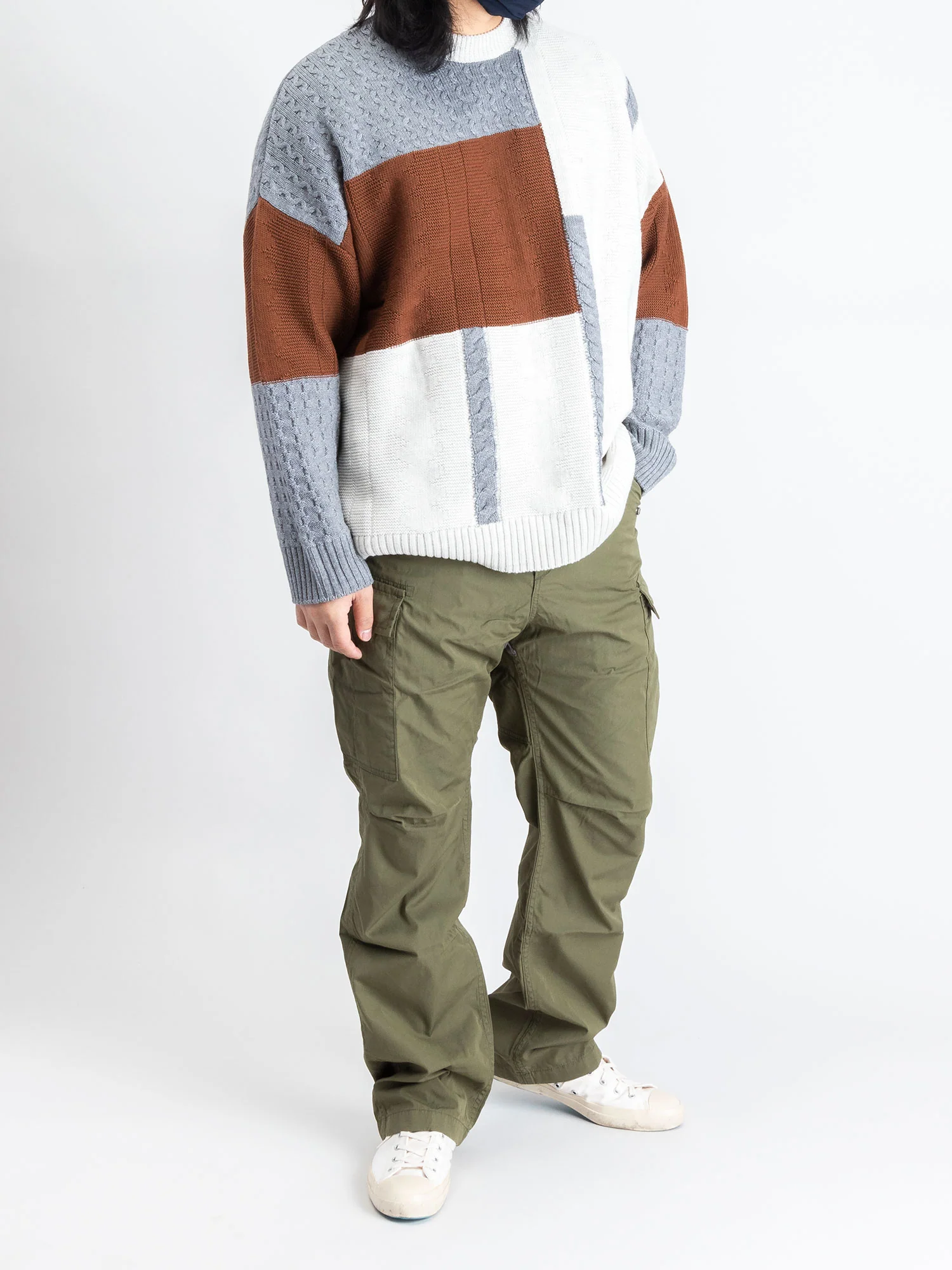 Patchwork Knit Crewneck Sweater in Brown - Image 7