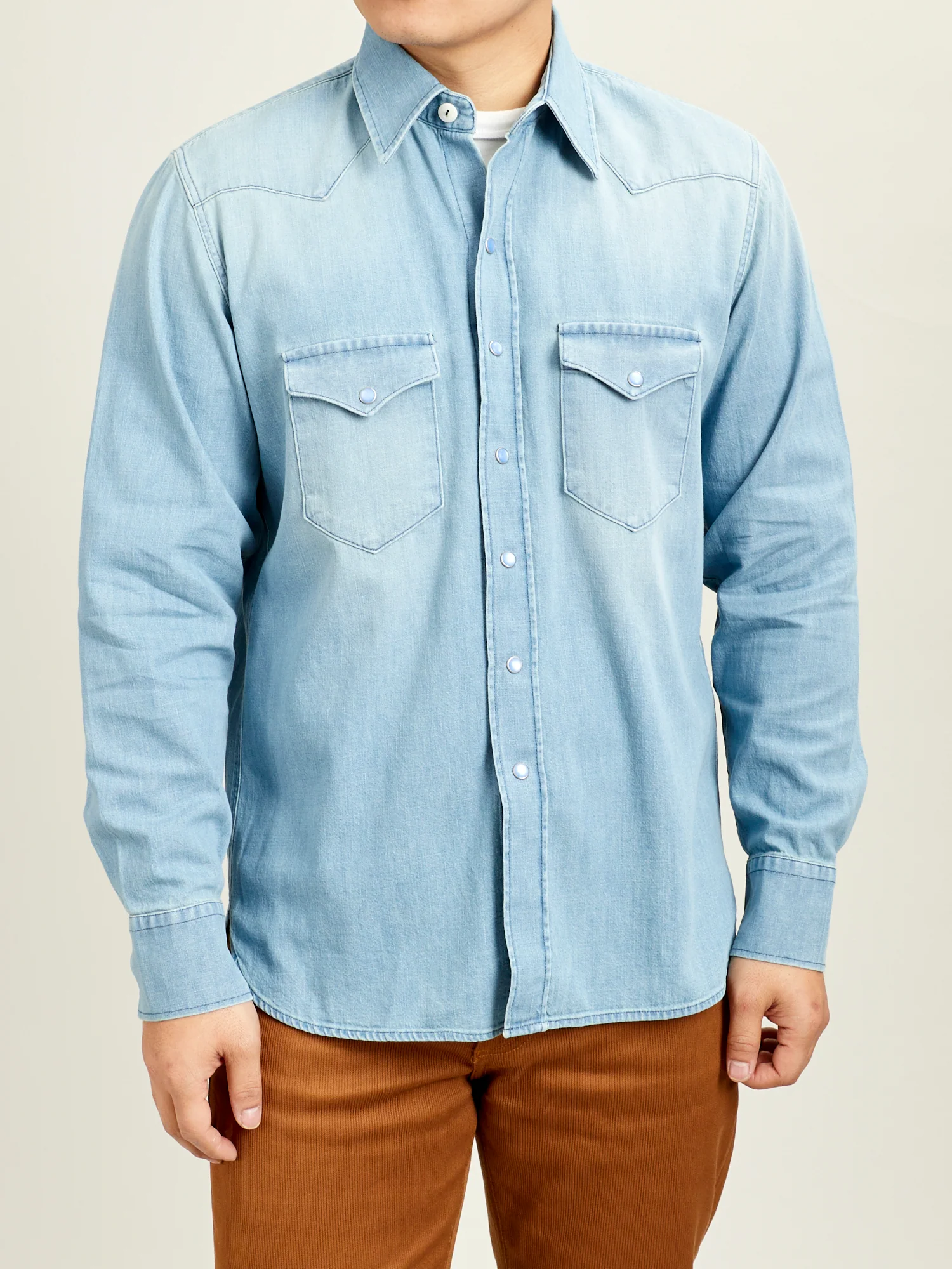 Pearl Snap Denim Shirt in Washed Indigo - Image 2
