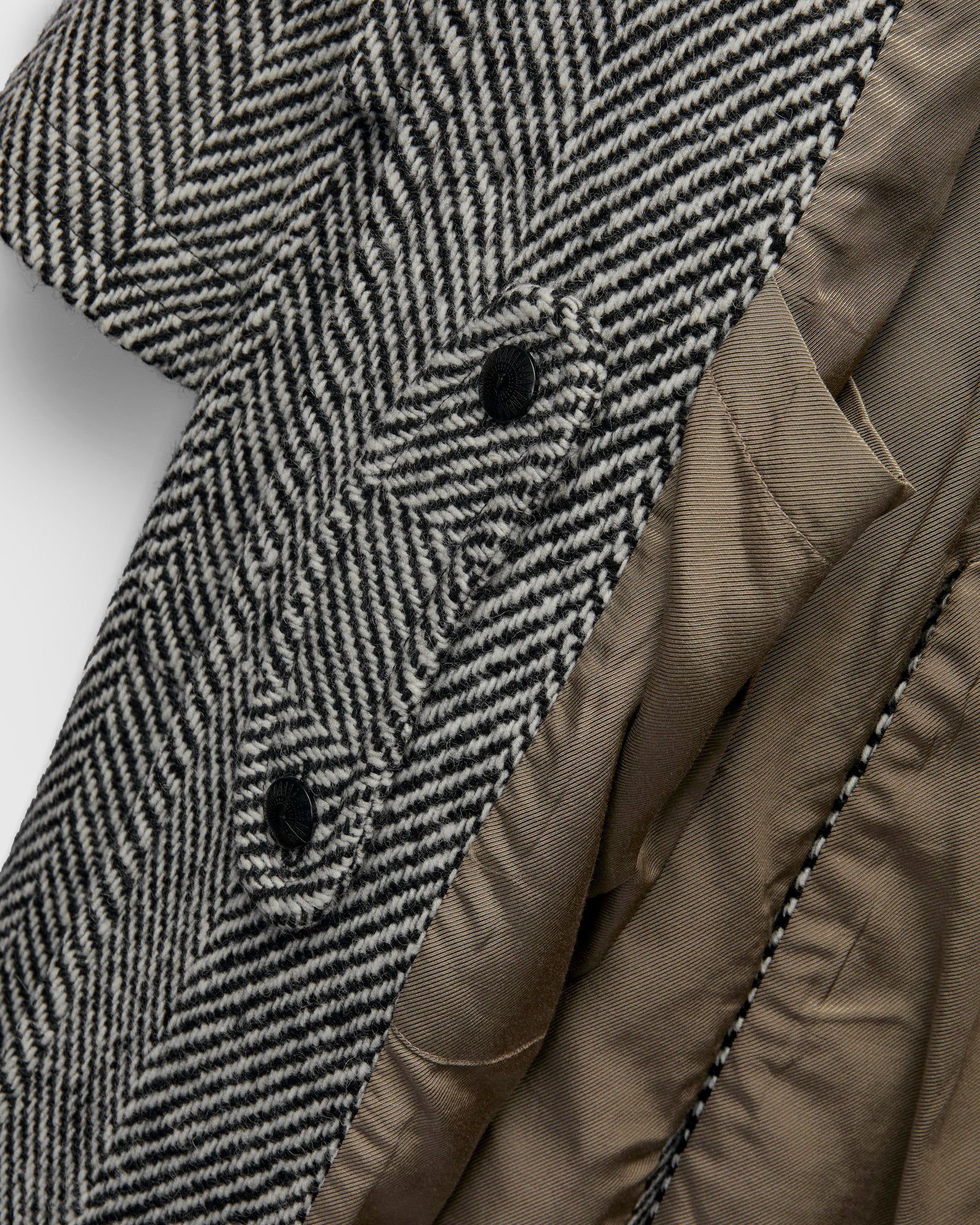 Raglan Wool Overcoat in Black/Cream Herringbone Tweed - Image 7