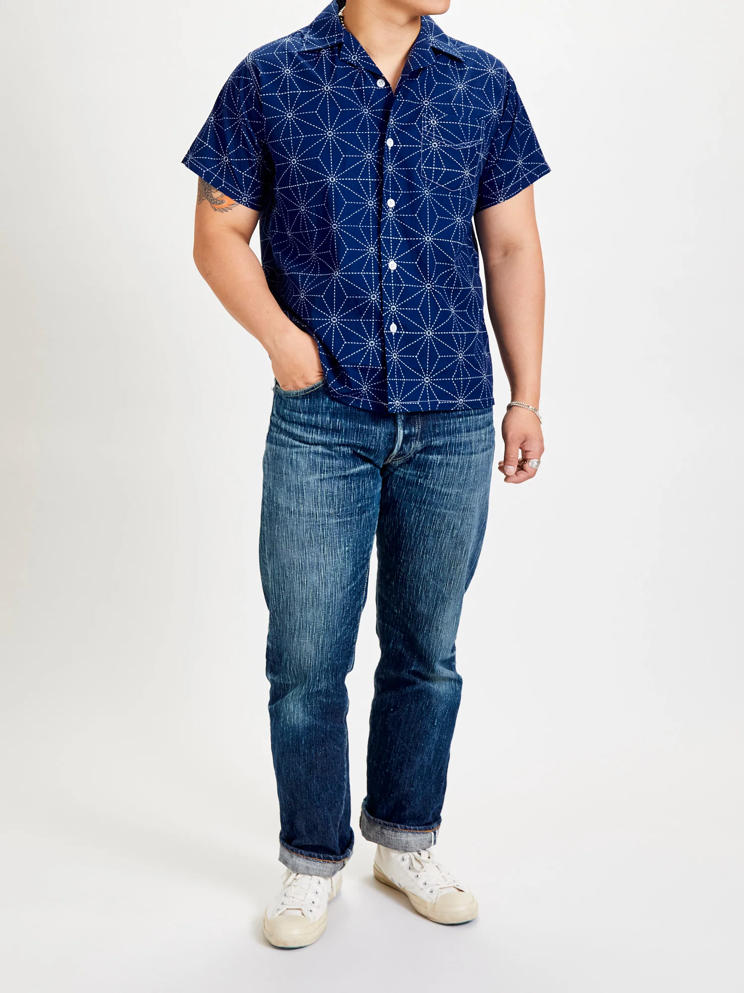 Sashiko Print Hawaiian Shirt in Indigo - Image 9