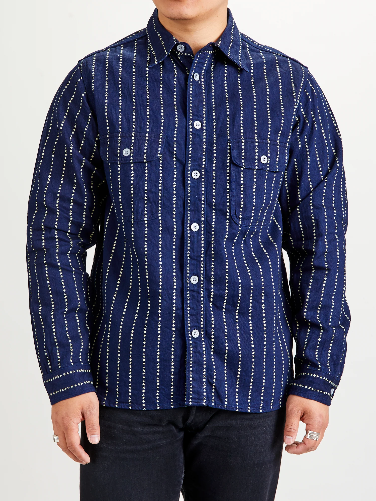 Shuriken Wabash Stripe Work Shirt in Indigo Black - Image 2