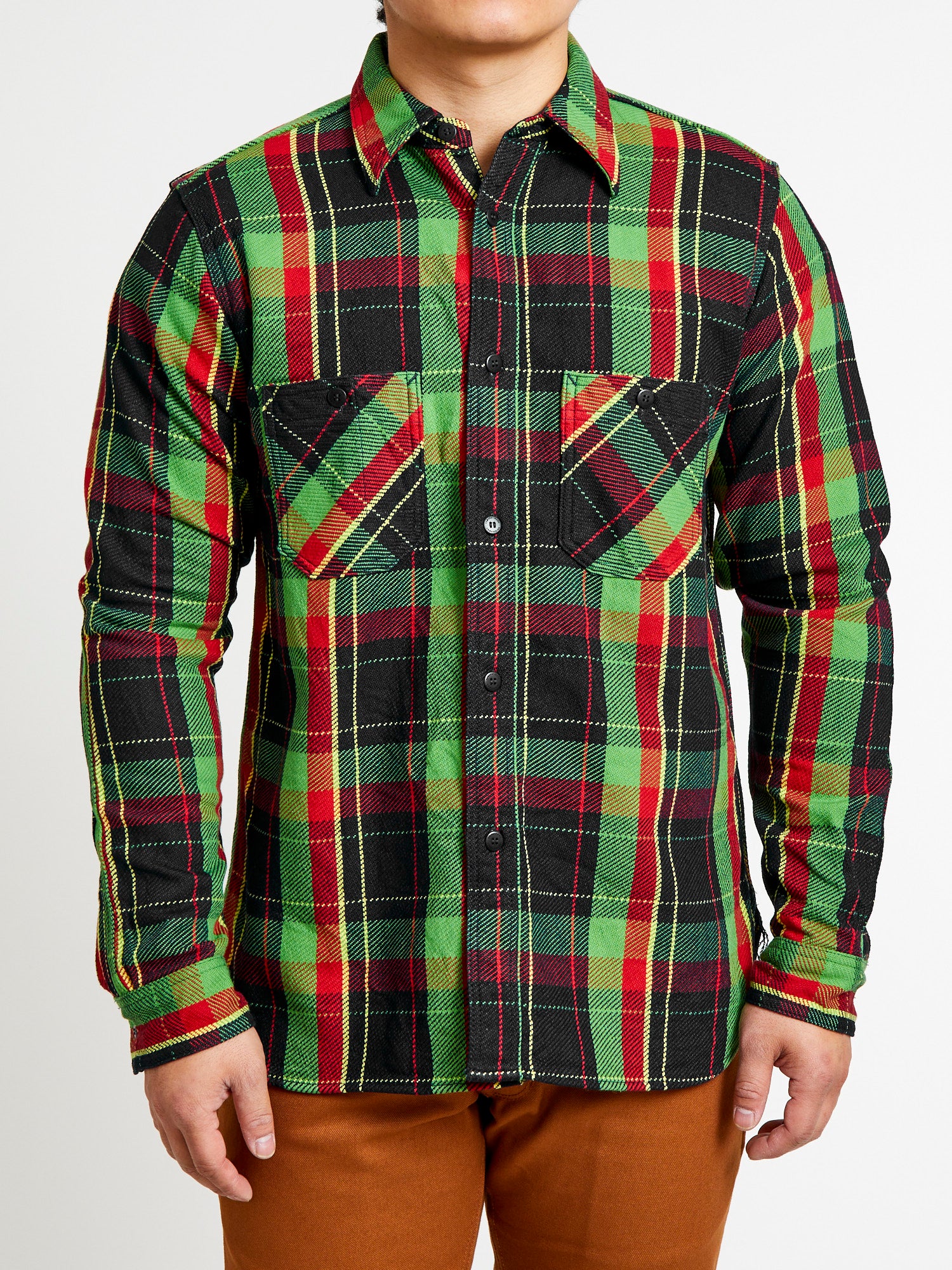 SIN23-01W Rope Dyed Flannel Shirt in Green - Image 2