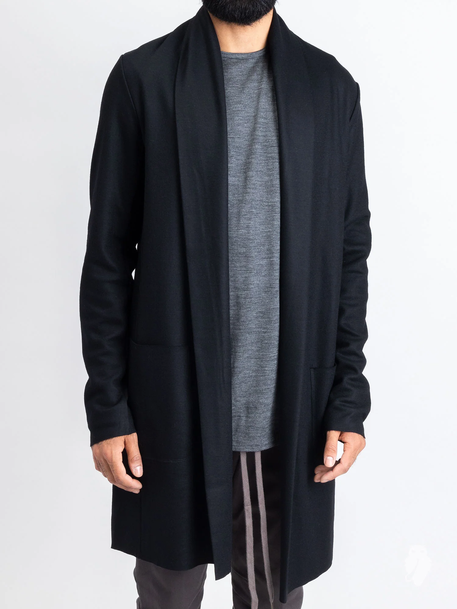 Stole Collar Long Cardigan in Black Wool - Image 2