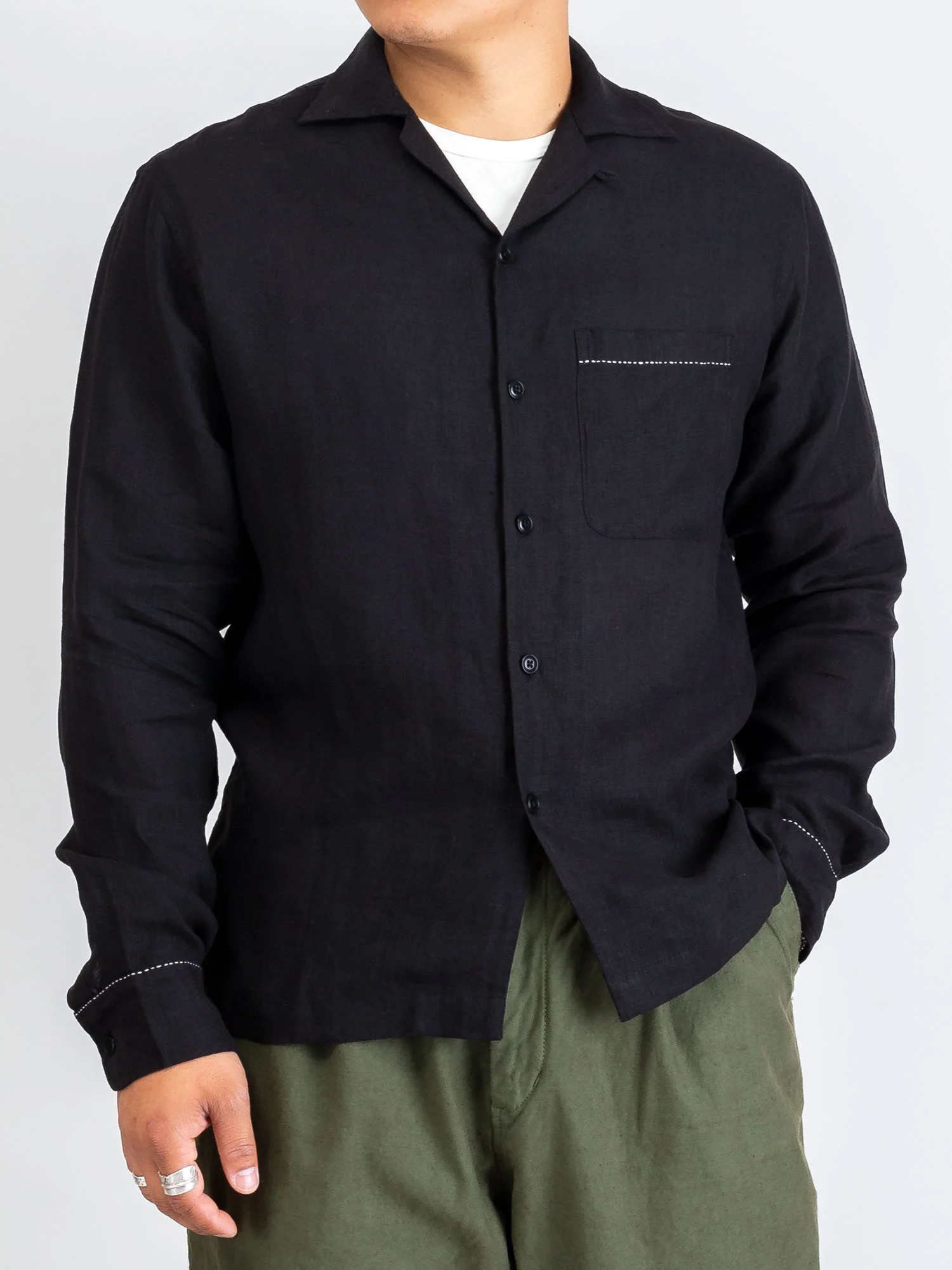 "Studio Embroidered" Loop Collar Shirt in Black Linen - Image 2