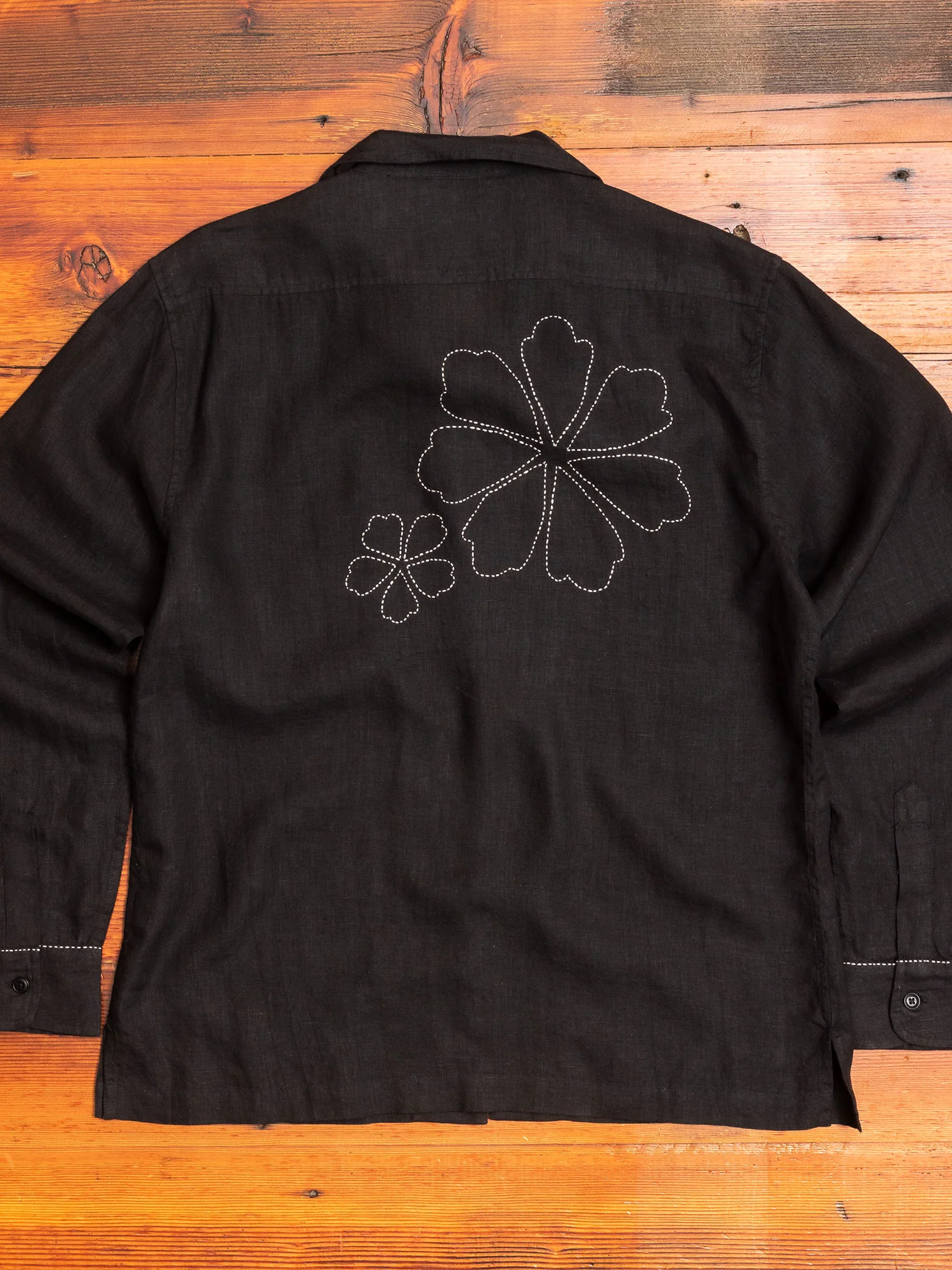"Studio Embroidered" Loop Collar Shirt in Black Linen - Image 8
