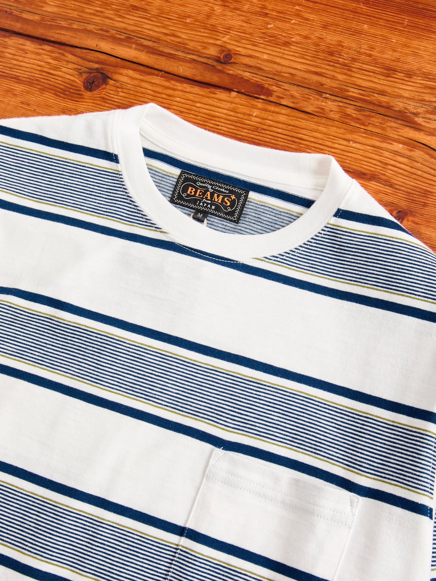 Wide Stripe Long Sleeve Pocket T-Shirt in Off White - Image 4